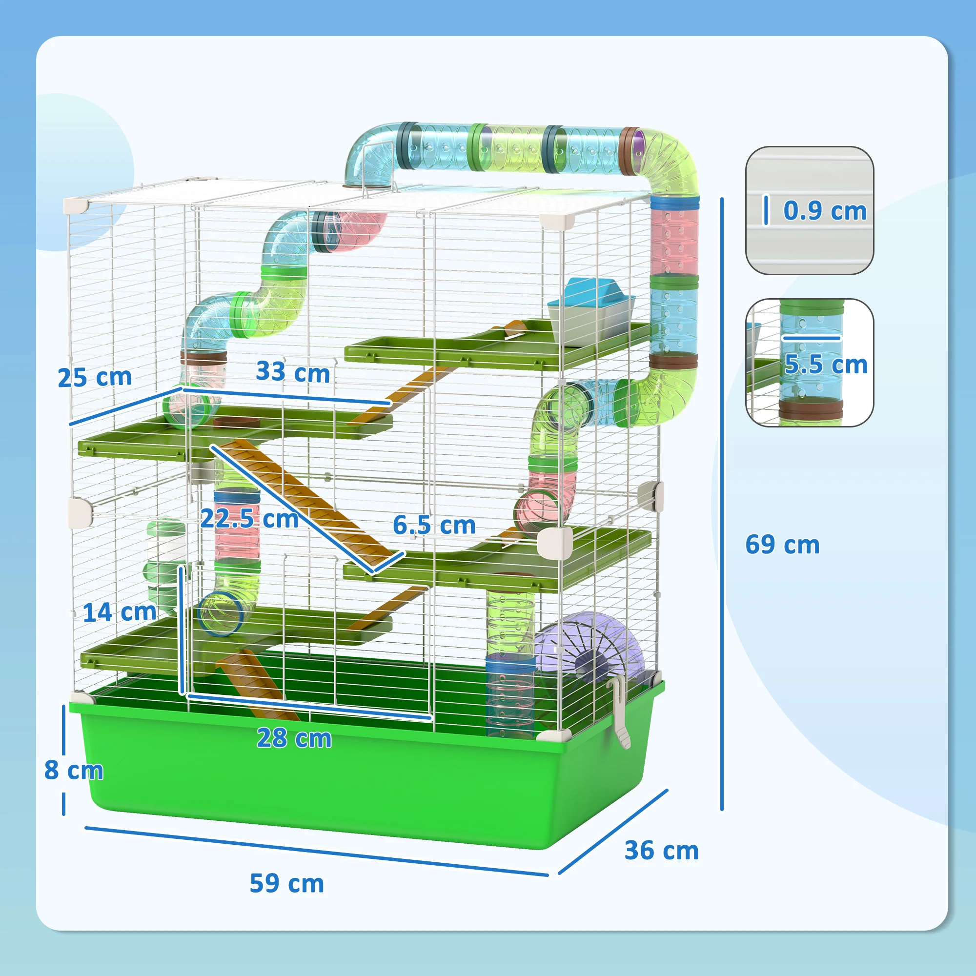 PawHut Hamster Cage W/ Water Bottle, Exercise Wheel, Tubes, Ramps - Green - Image 5