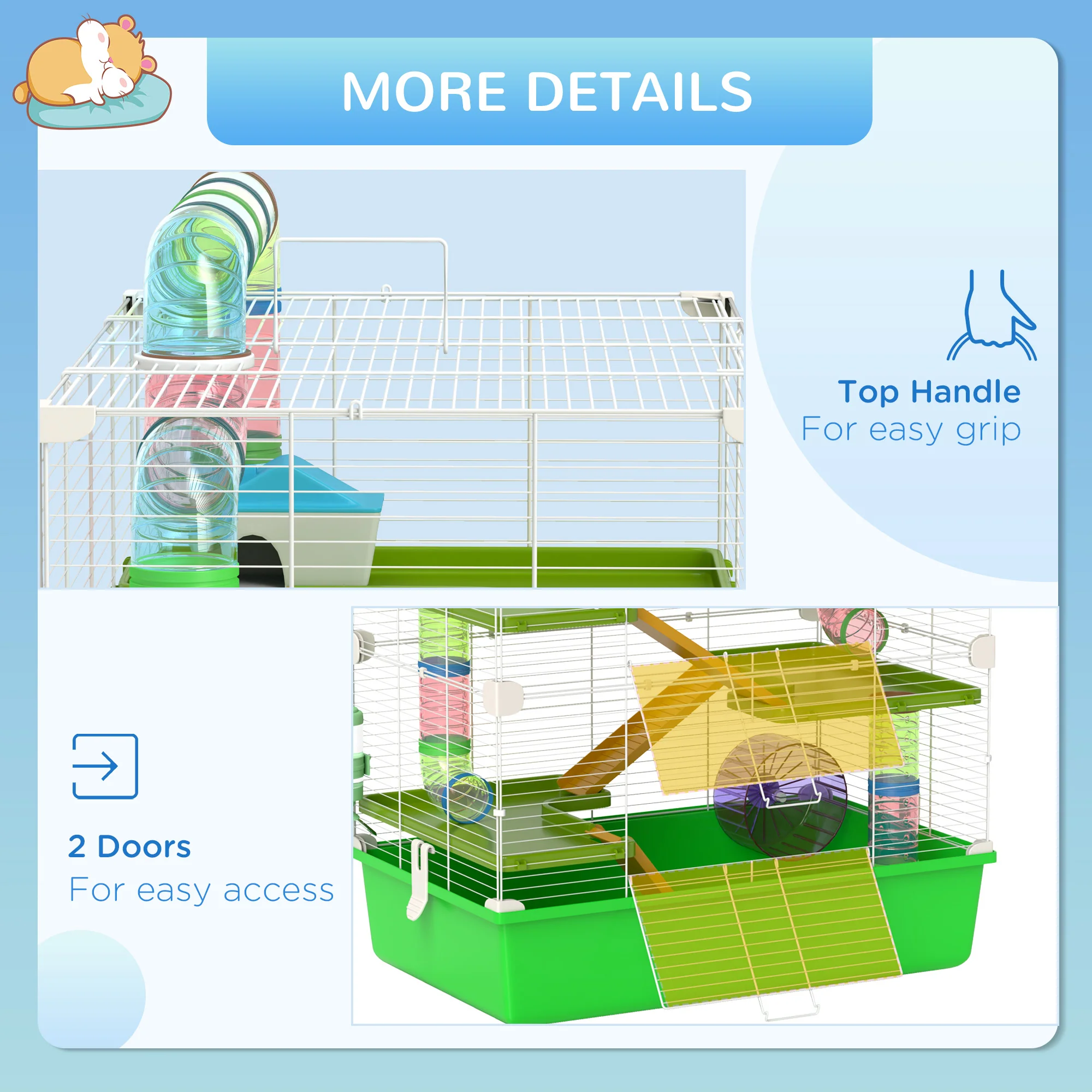 PawHut Hamster Cage W/ Water Bottle, Exercise Wheel, Tubes, Ramps - Green - Image 7