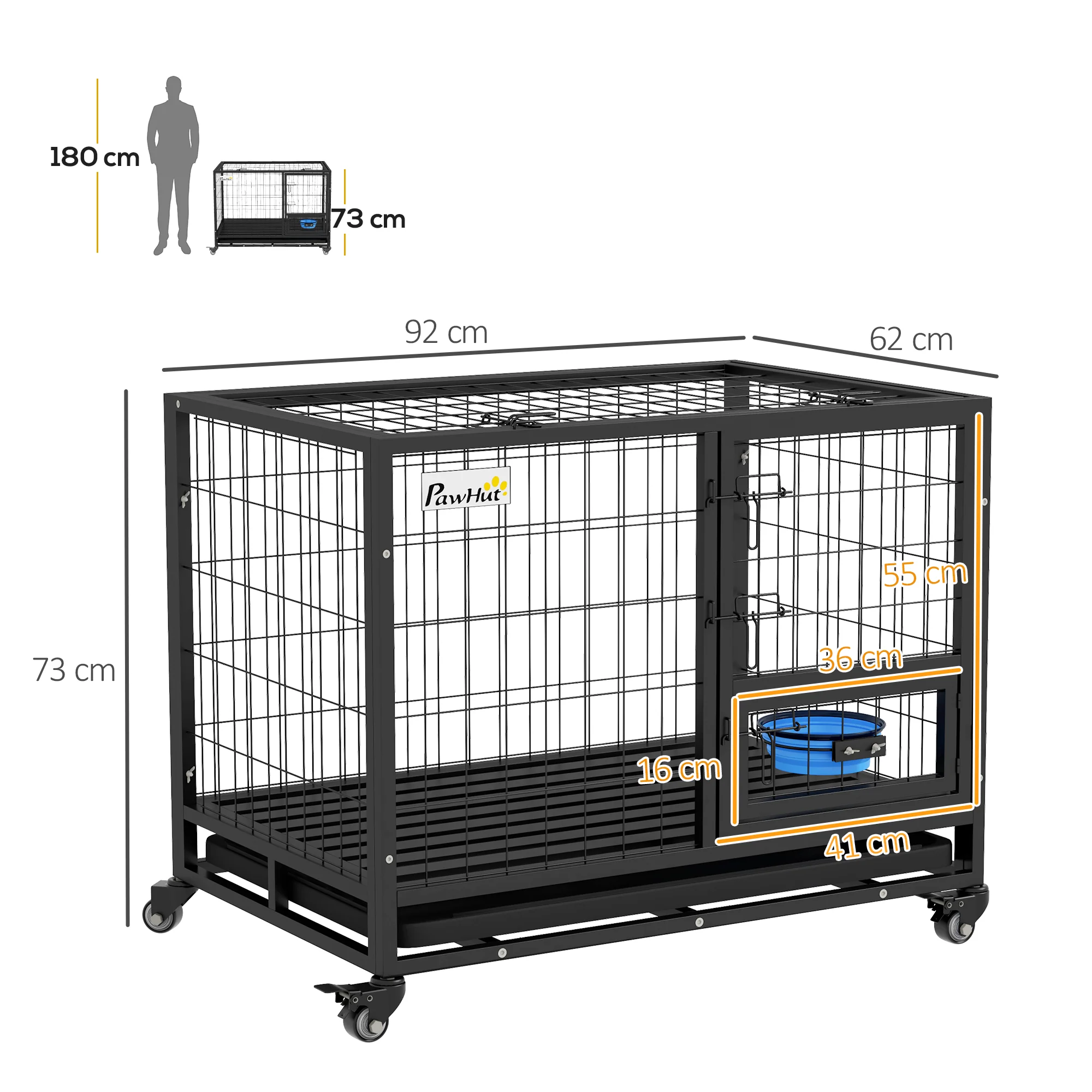 PawHut Heavy Duty Dog Crate On Wheels W/ Bowl Holder, Removable Tray - Image 5
