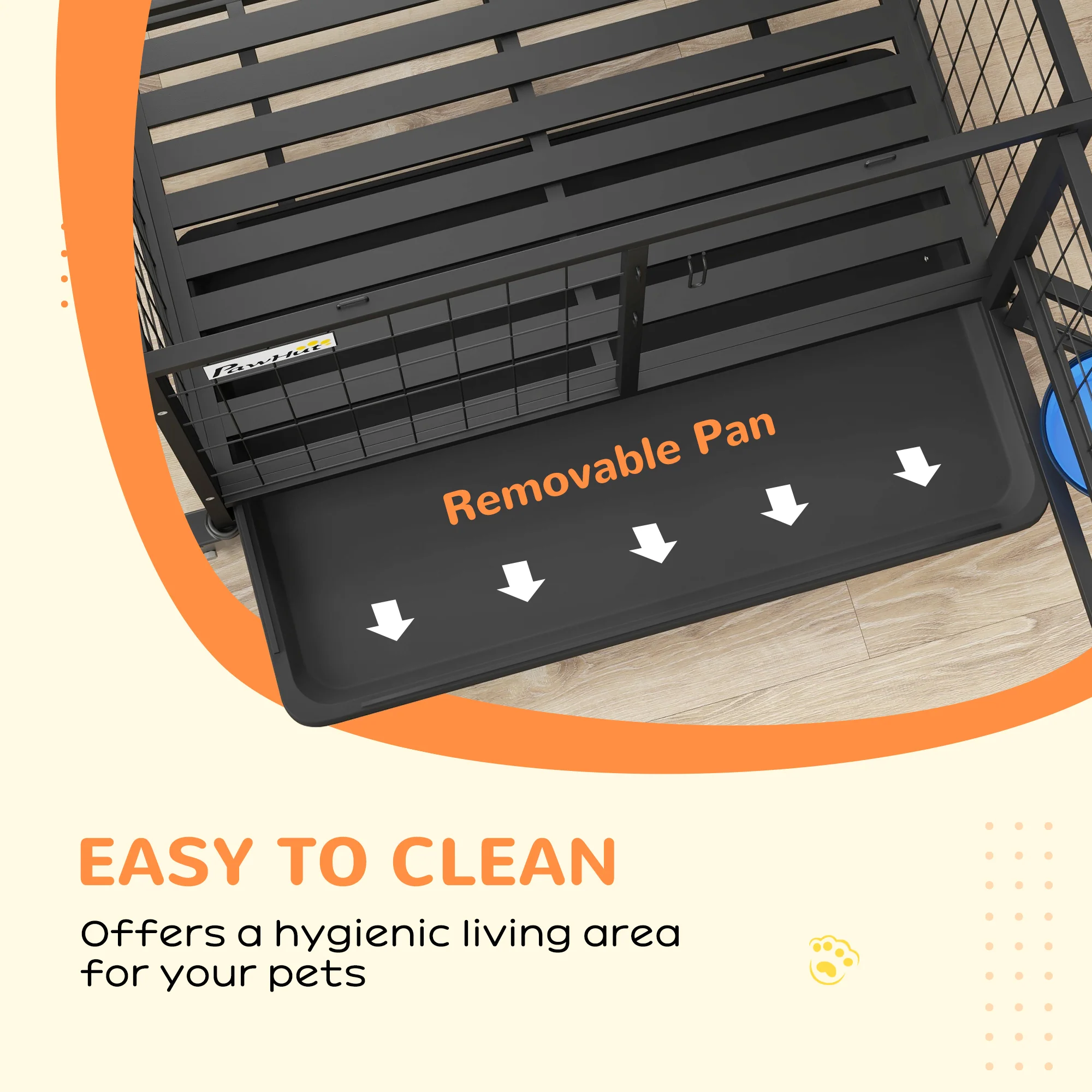 PawHut Heavy Duty Dog Crate On Wheels W/ Bowl Holder, Removable Tray - Image 8