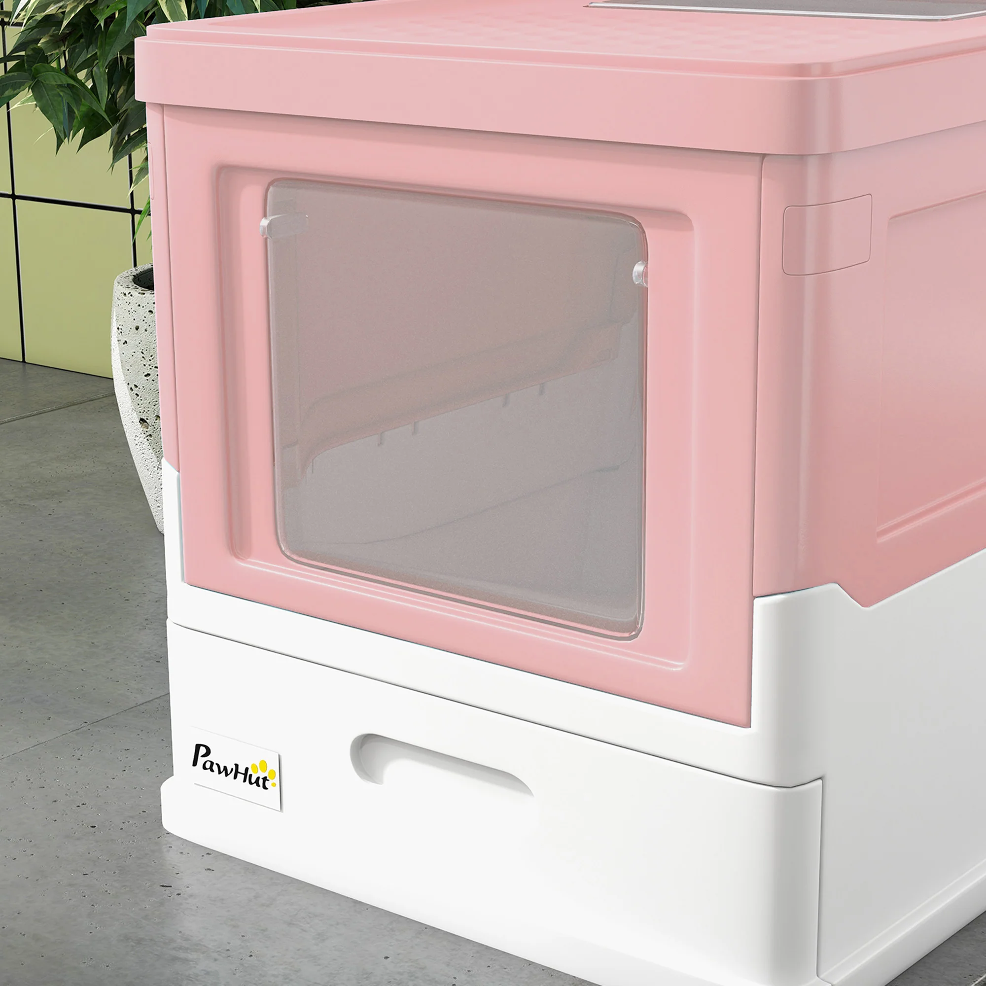 PawHut Hooded Cat Litter Box, Pet Toilet w/ Scoop, Tray - Pink - Image 9