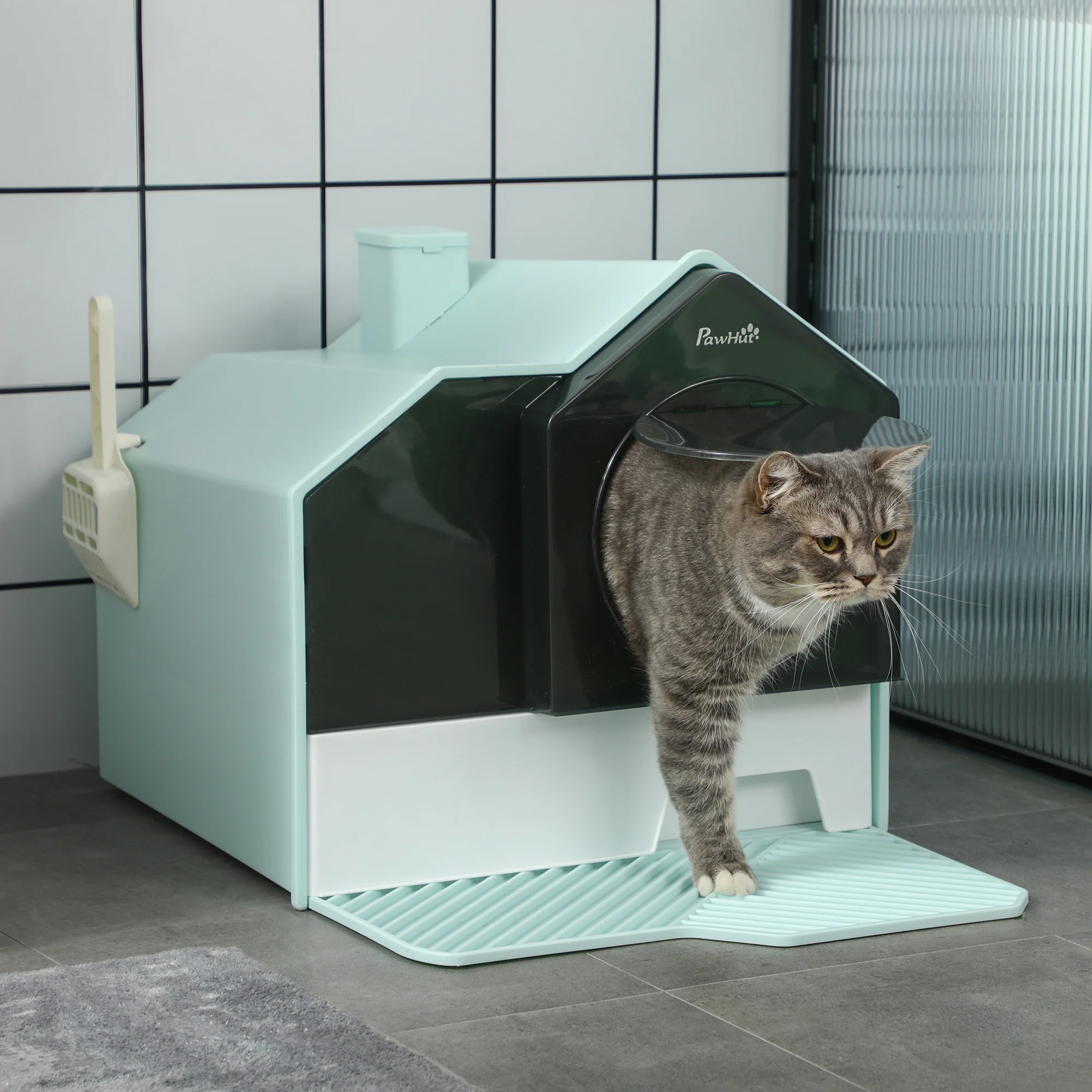 PawHut Hooded Cat Litter Tray W/ Scoop, Drawer Pan Handle Deodorants Light Blue - Image 2