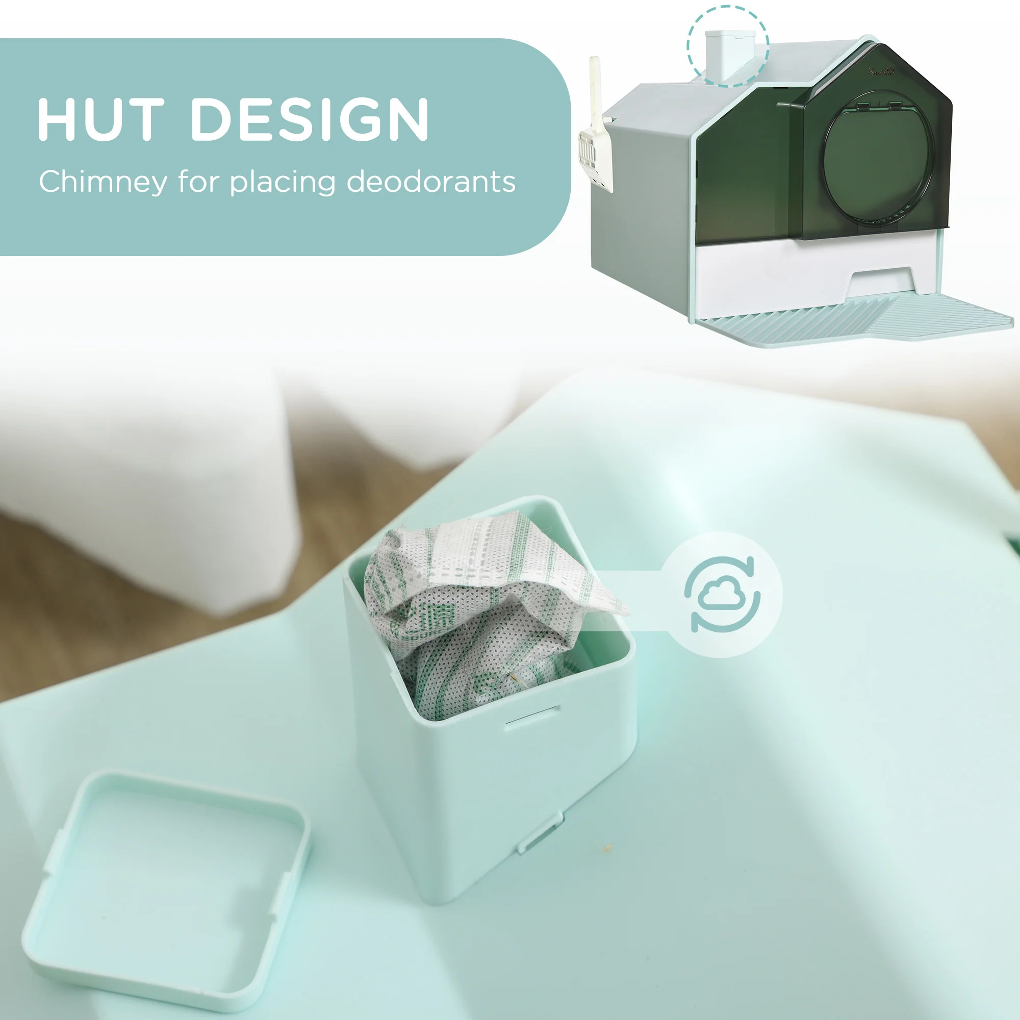 PawHut Hooded Cat Litter Tray W/ Scoop, Drawer Pan Handle Deodorants Light Blue - Image 3
