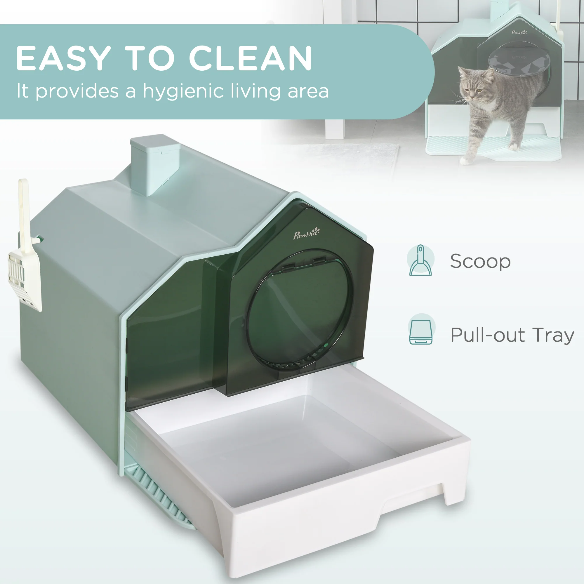 PawHut Hooded Cat Litter Tray W/ Scoop, Drawer Pan Handle Deodorants Light Blue - Image 4