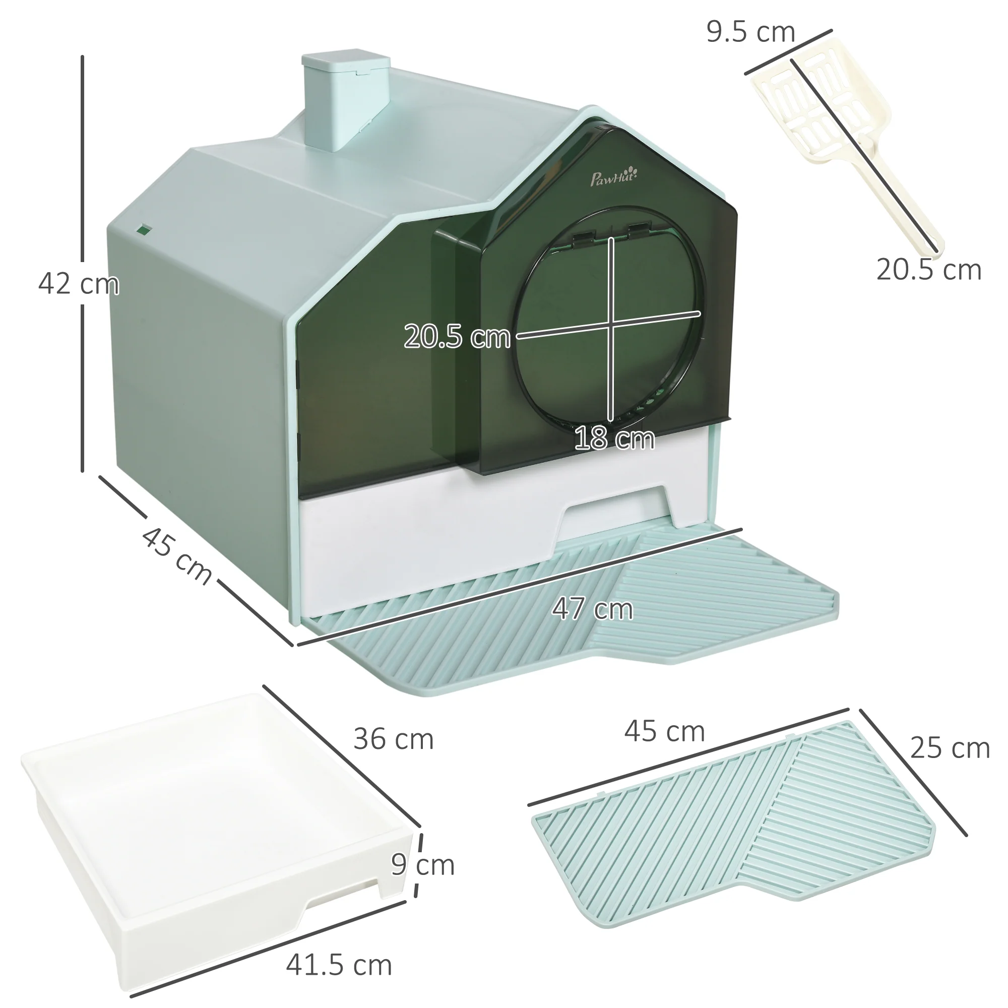 PawHut Hooded Cat Litter Tray W/ Scoop, Drawer Pan Handle Deodorants Light Blue - Image 5