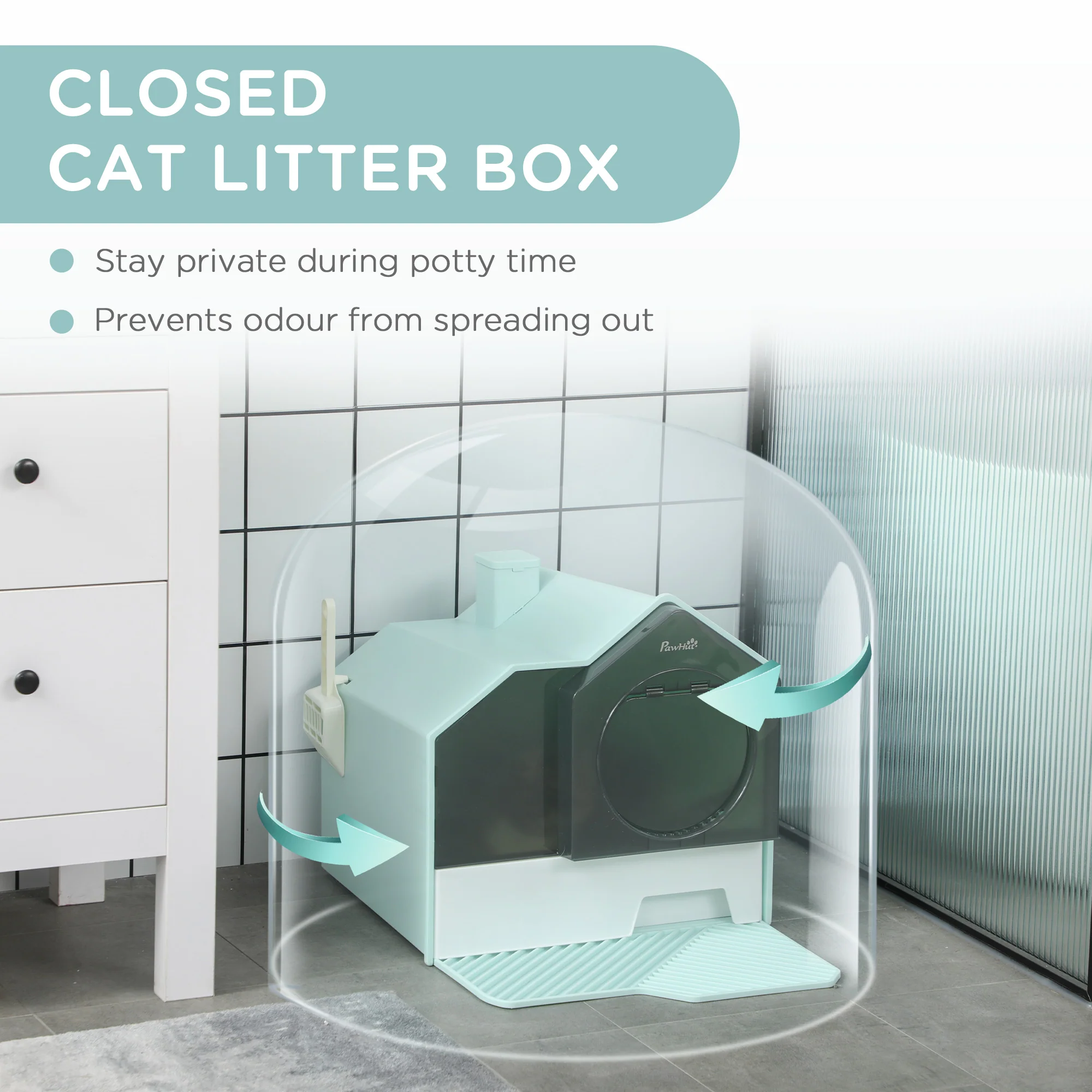 PawHut Hooded Cat Litter Tray W/ Scoop, Drawer Pan Handle Deodorants Light Blue - Image 6