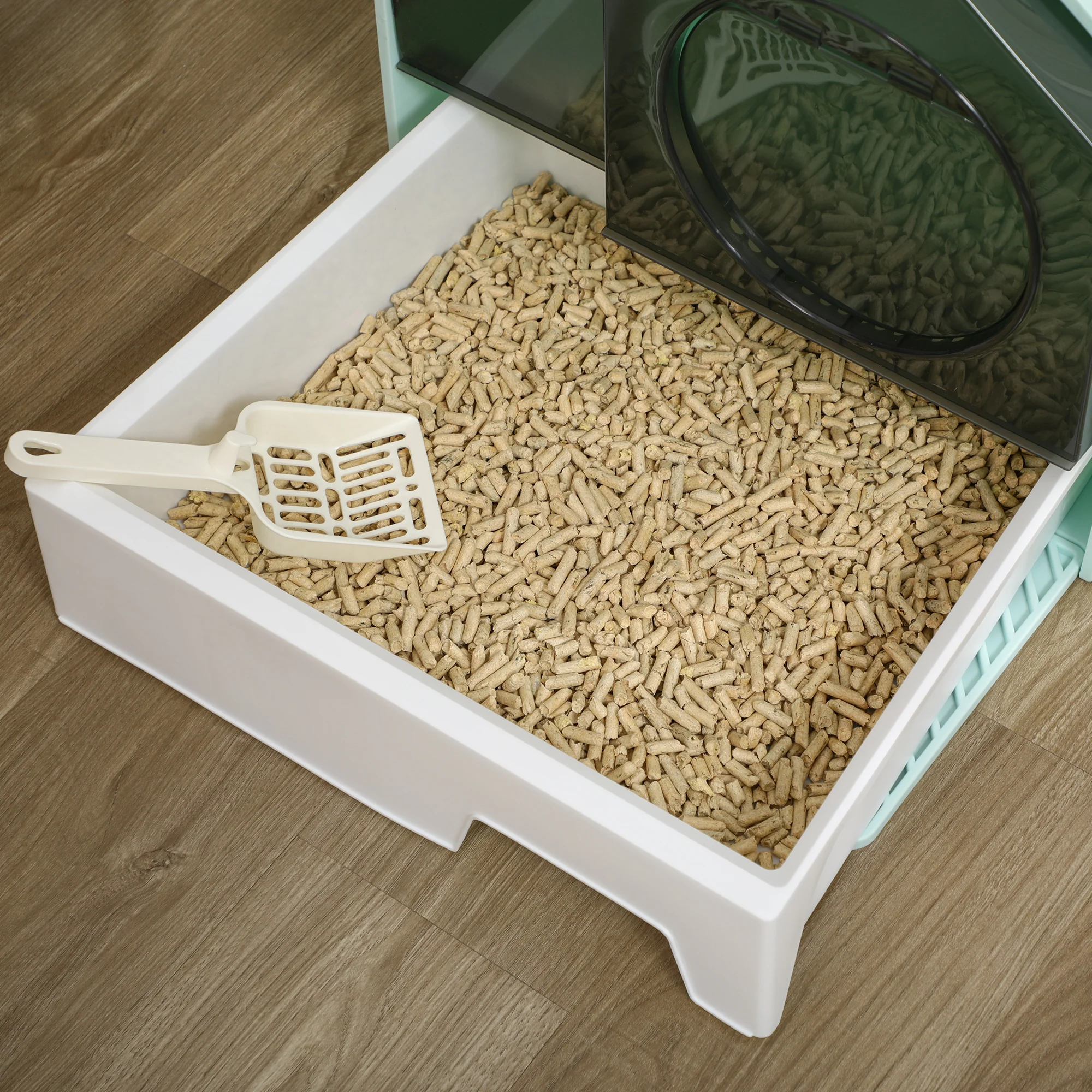 PawHut Hooded Cat Litter Tray W/ Scoop, Drawer Pan Handle Deodorants Light Blue - Image 8
