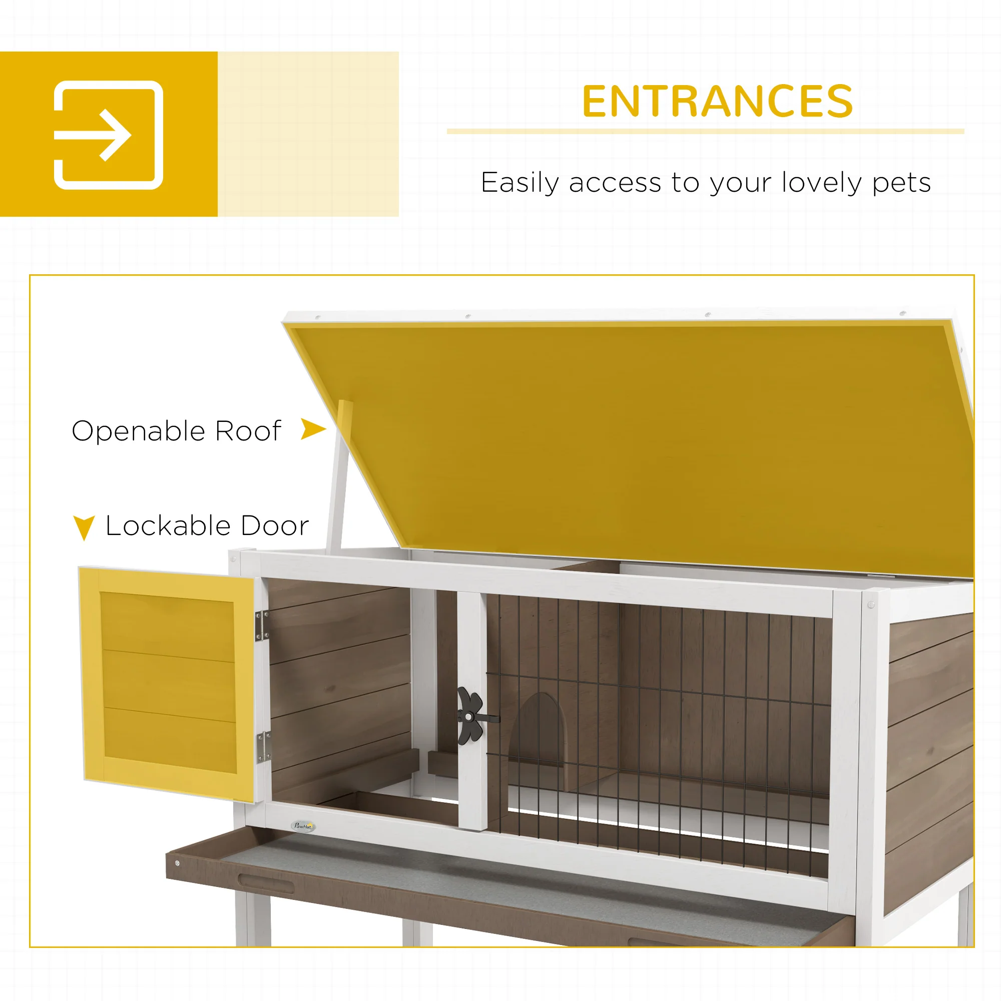 Pawhut Large Elevated Indoor Outdoor Wooden Rabbit Hutch w/ Asphalt Roof, Tray - Image 3