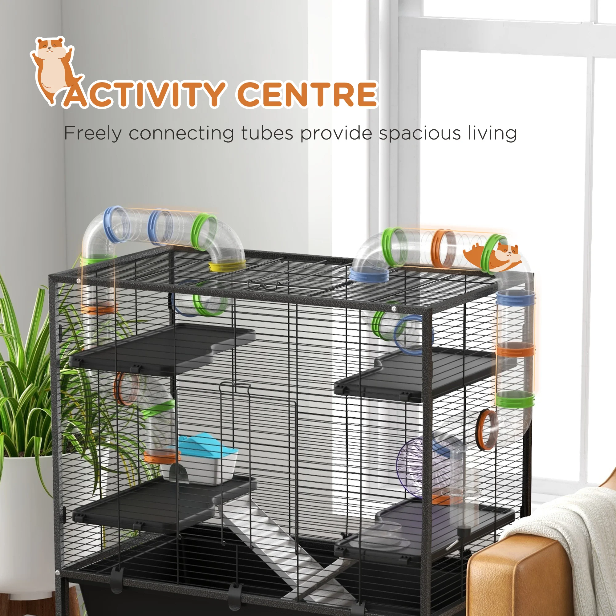 PawHut Large Hamster Cage, Rat Cage W/ Wheels, Tubes, Storage Shelf, Ramps - Image 3