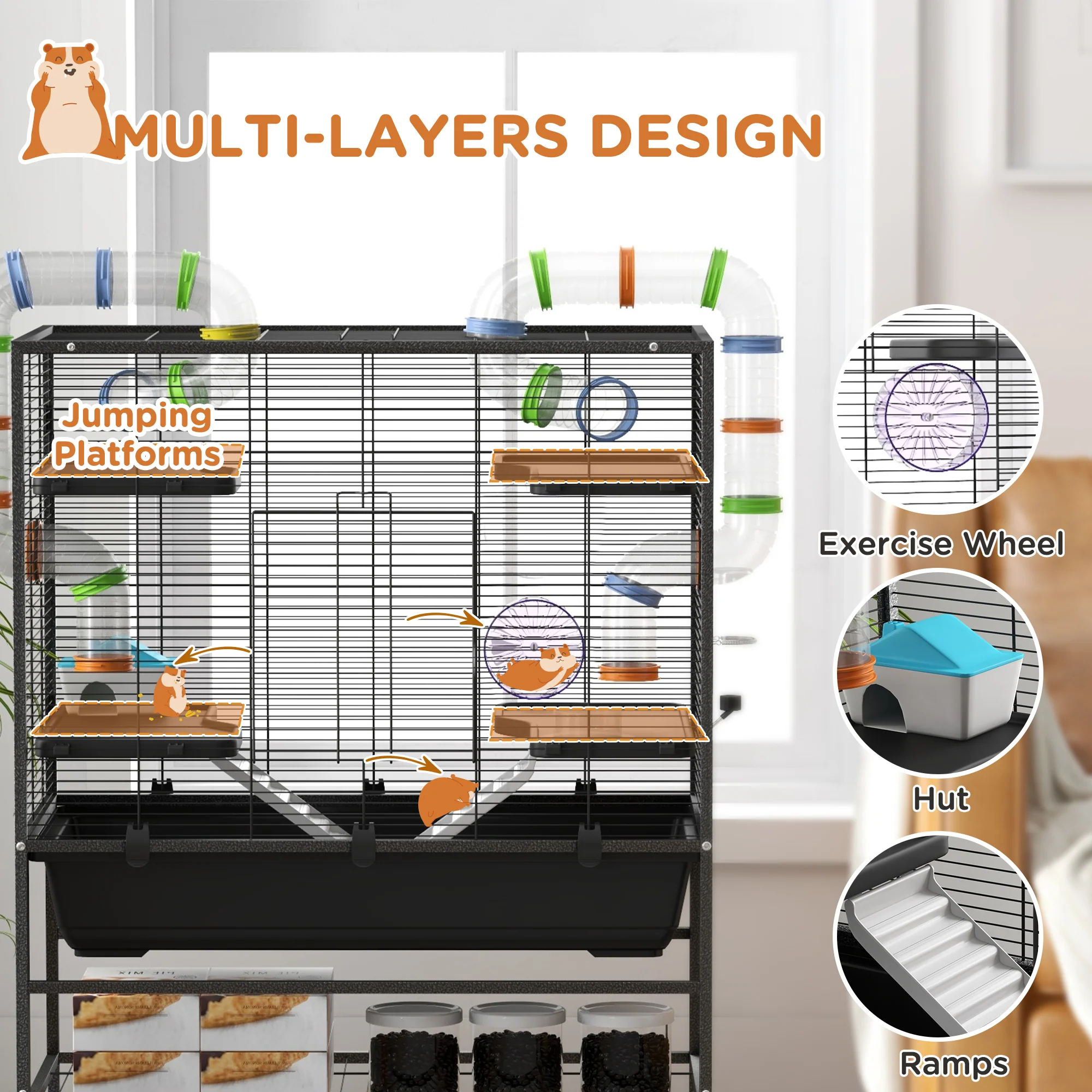 PawHut Large Hamster Cage, Rat Cage W/ Wheels, Tubes, Storage Shelf, Ramps - Image 4