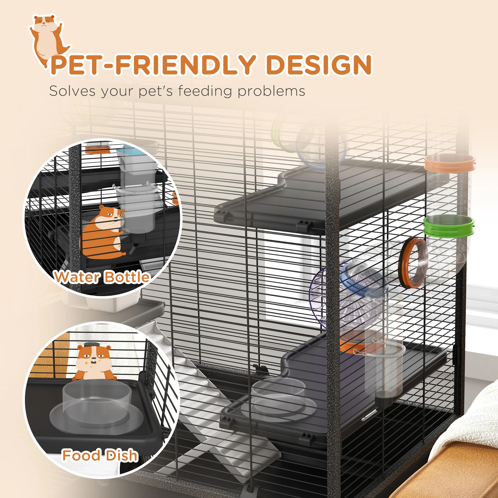 PawHut Large Hamster Cage, Rat Cage W/ Wheels, Tubes, Storage Shelf, Ramps - Image 7
