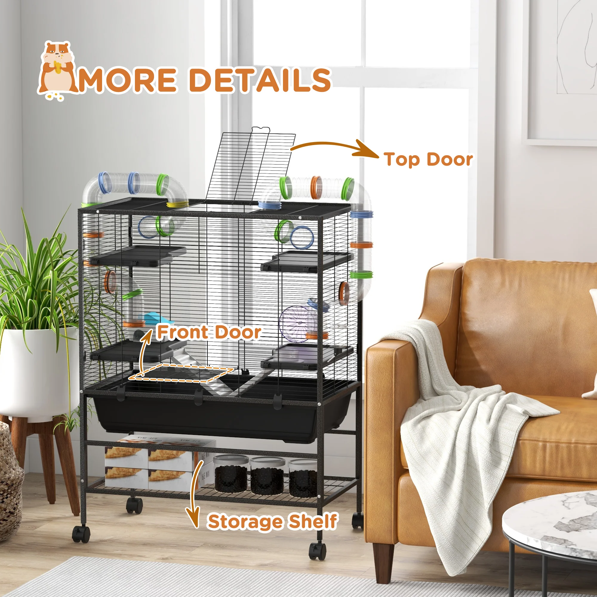 PawHut Large Hamster Cage, Rat Cage W/ Wheels, Tubes, Storage Shelf, Ramps - Image 8