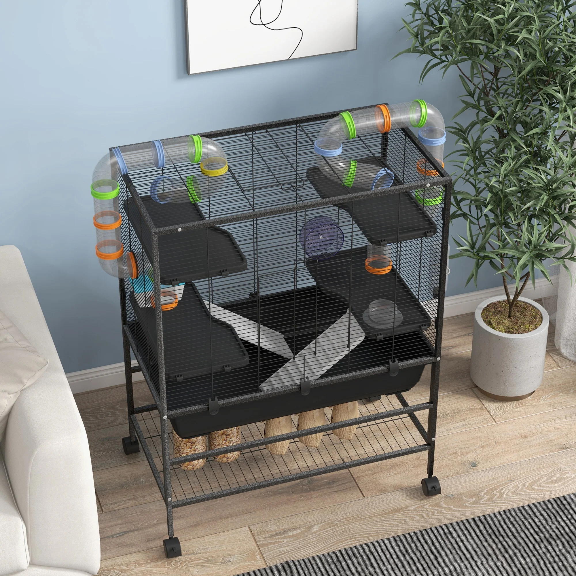 PawHut Large Hamster Cage, Rat Cage W/ Wheels, Tubes, Storage Shelf, Ramps - Image 9