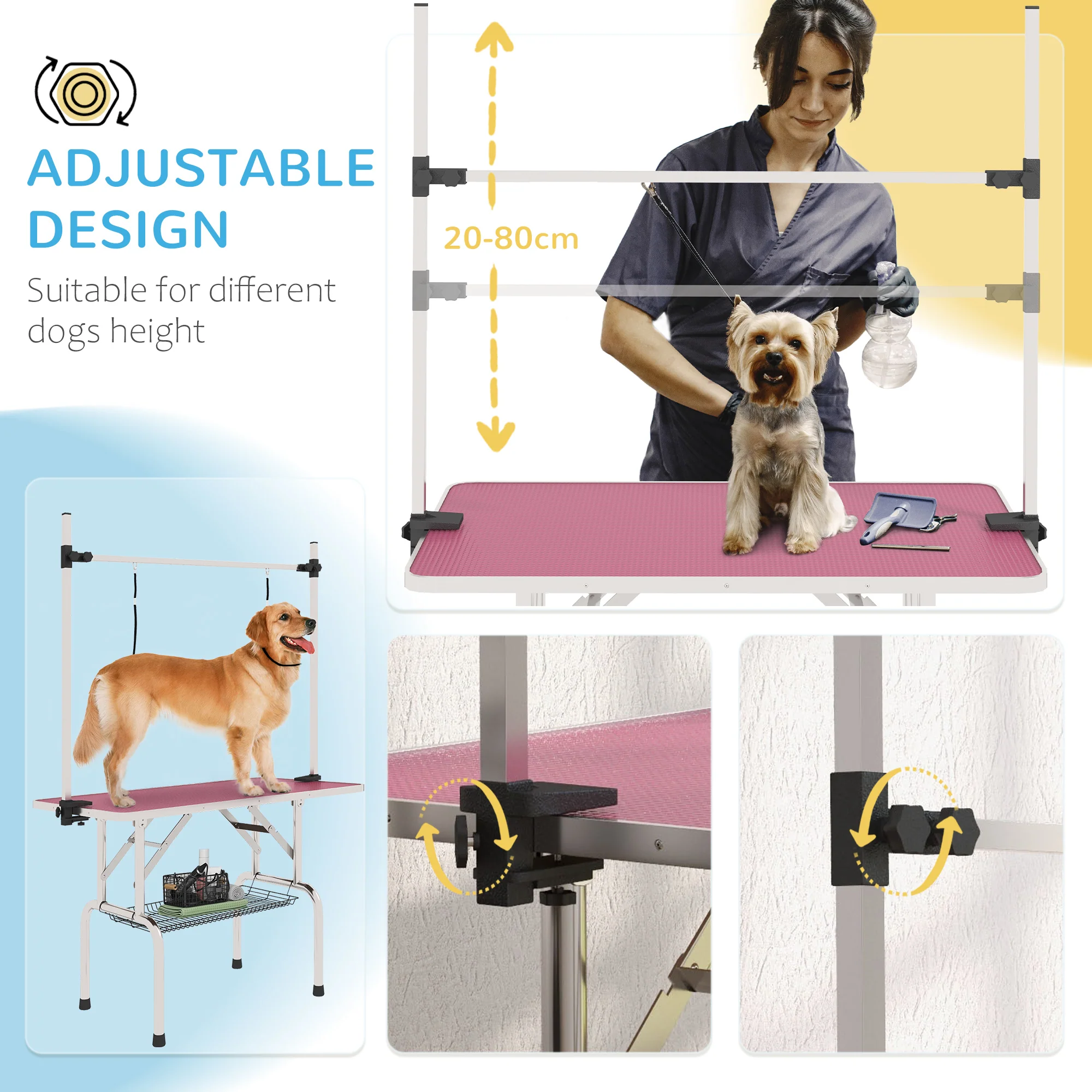 PawHut Metal Adjustable Dog Grooming Table Rubber Top 2 Safety Slings Mesh - Image 3