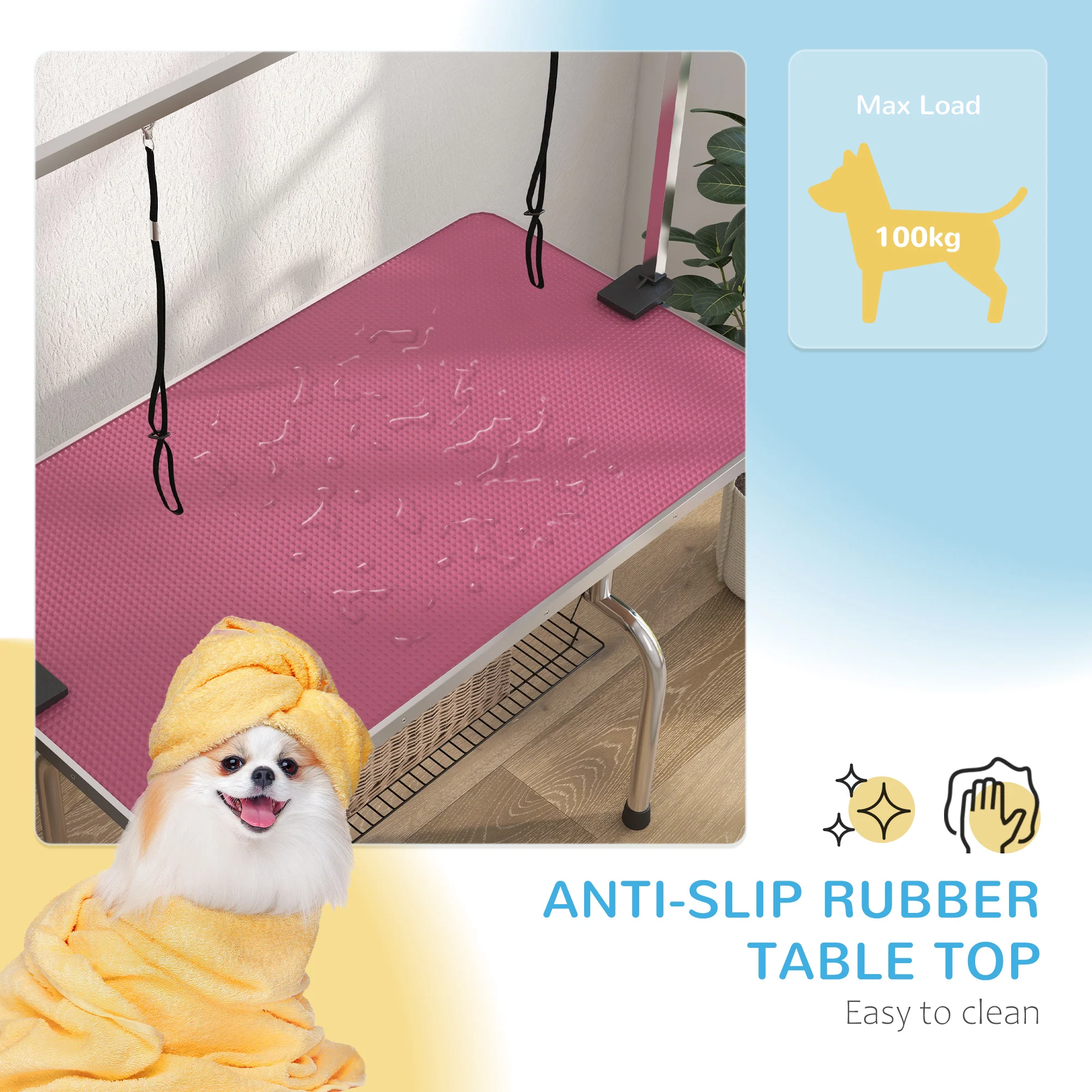 PawHut Metal Adjustable Dog Grooming Table Rubber Top 2 Safety Slings Mesh - Image 4