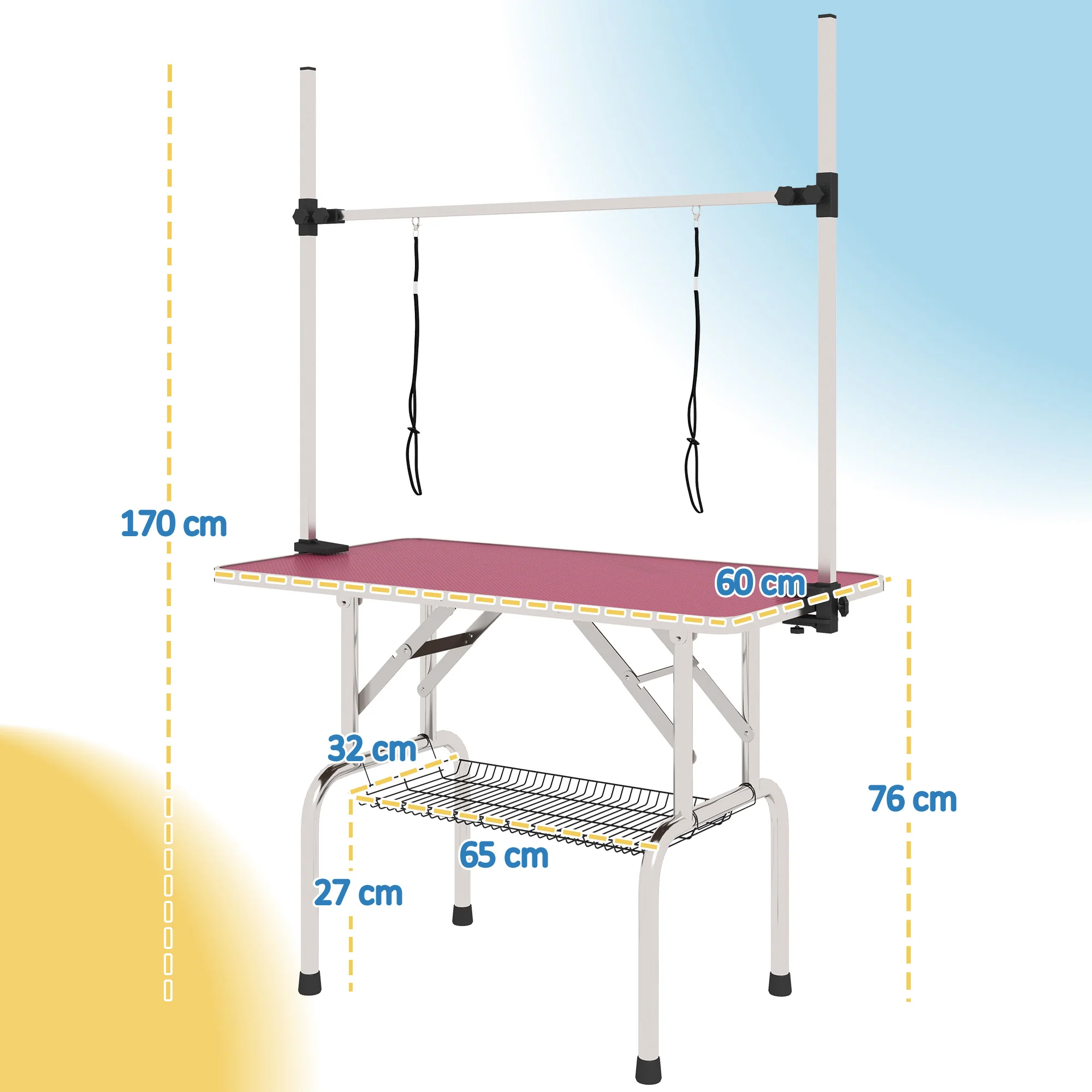PawHut Metal Adjustable Dog Grooming Table Rubber Top 2 Safety Slings Mesh - Image 5