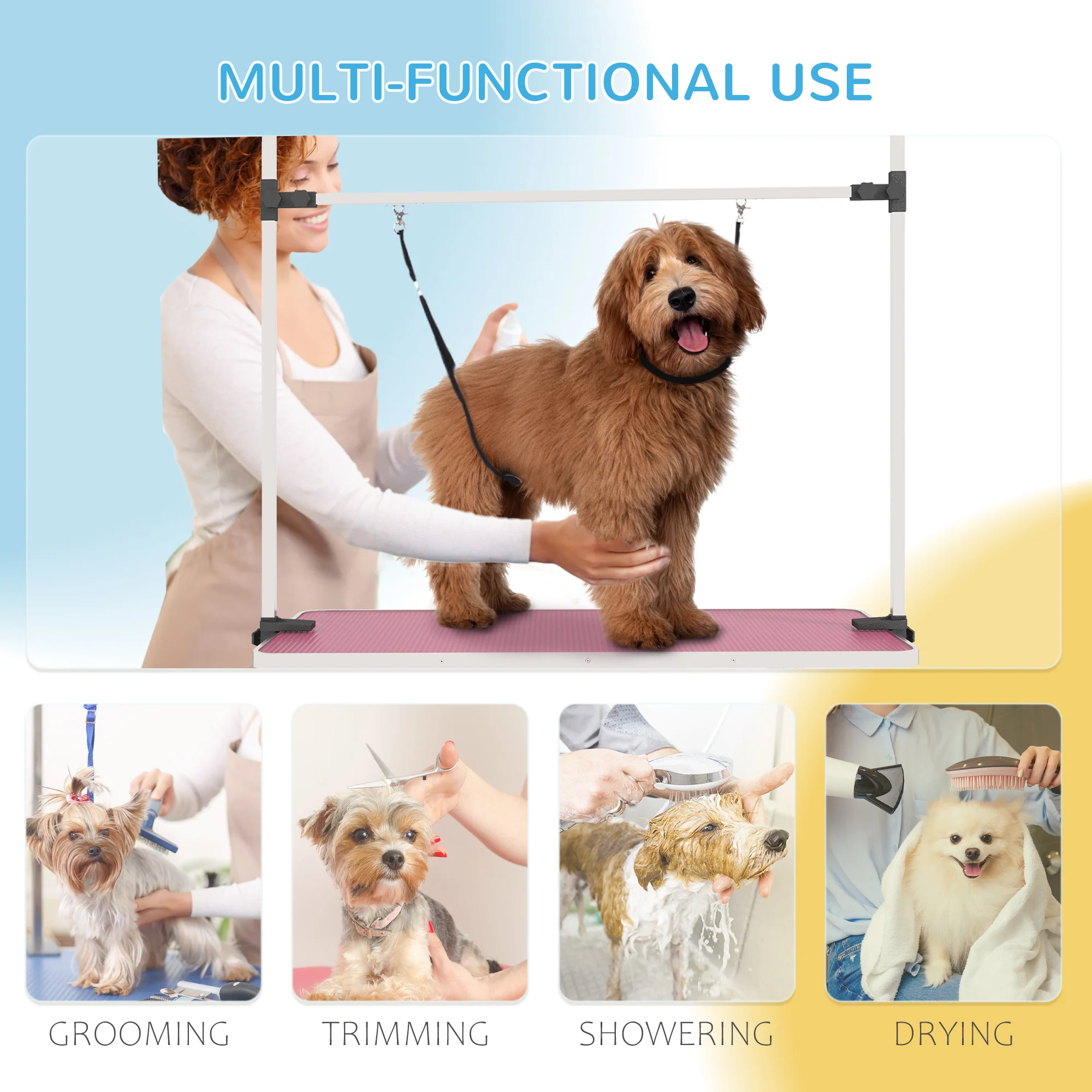 PawHut Metal Adjustable Dog Grooming Table Rubber Top 2 Safety Slings Mesh - Image 7