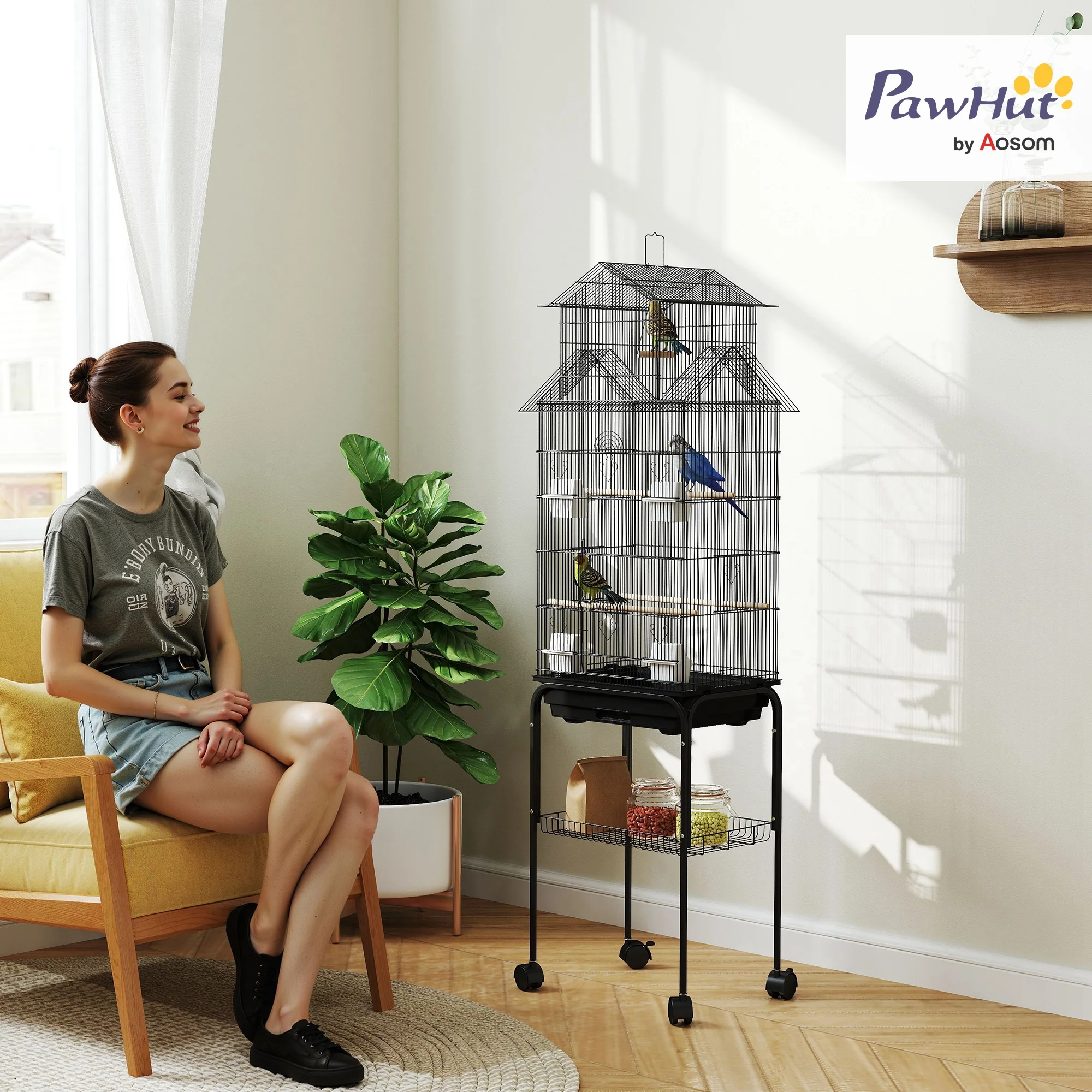 PawHut Metal Bird Cage W/ Perch, Food Container, Handle, For Finch, Canary - Image 11