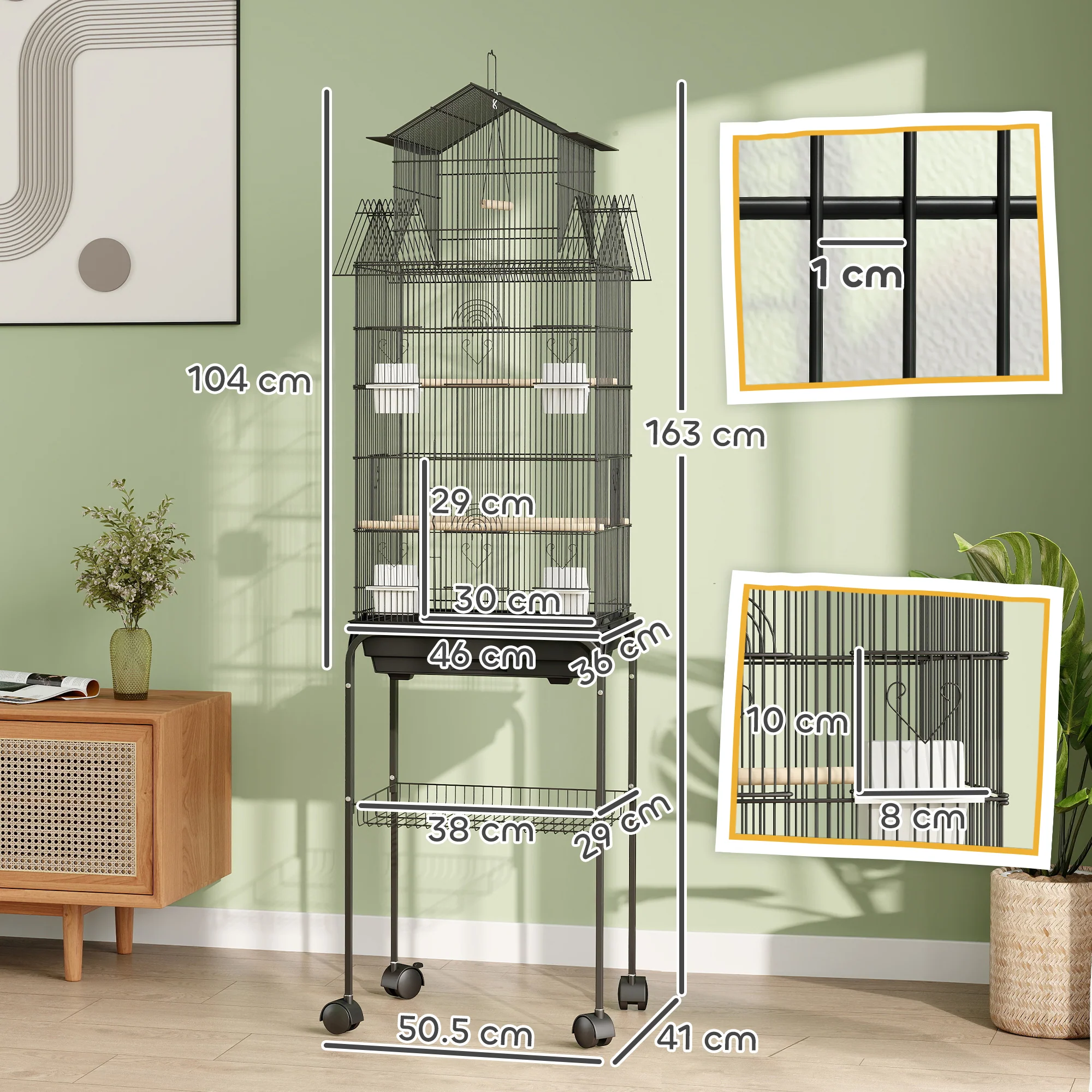 PawHut Metal Bird Cage W/ Perch, Food Container, Handle, For Finch, Canary - Image 14