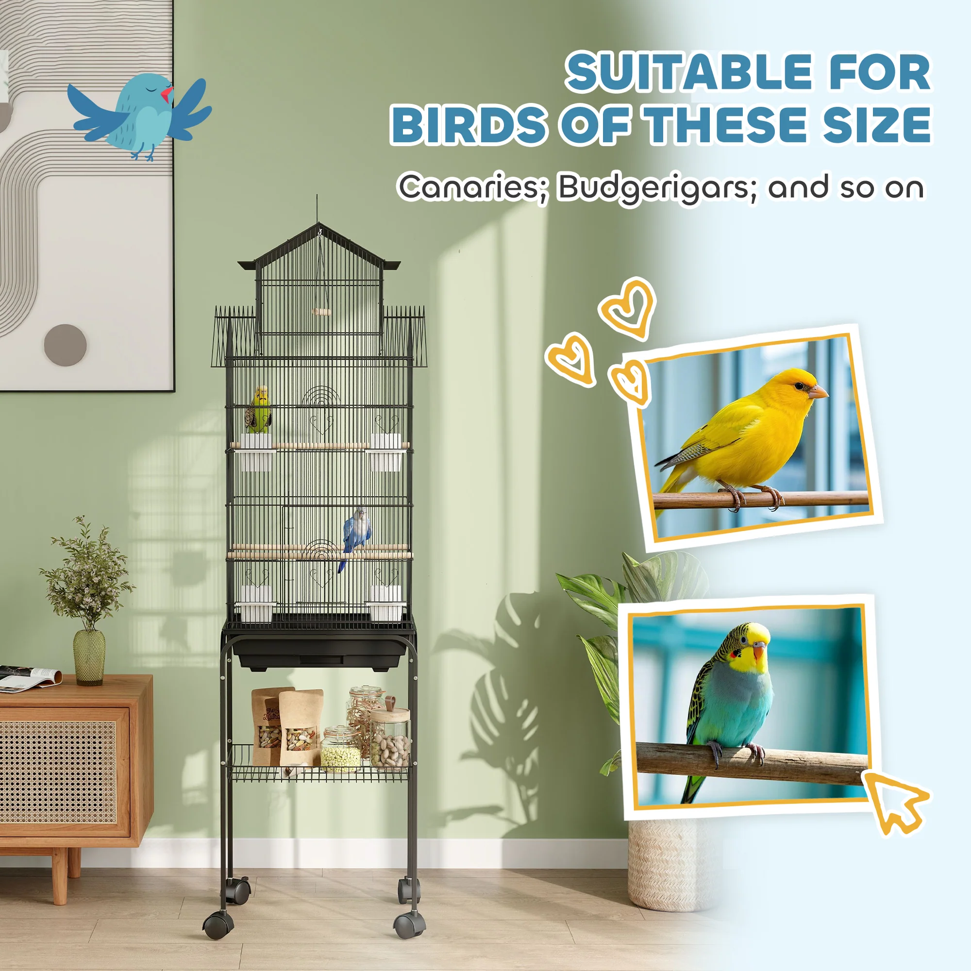 PawHut Metal Bird Cage W/ Perch, Food Container, Handle, For Finch, Canary - Image 16