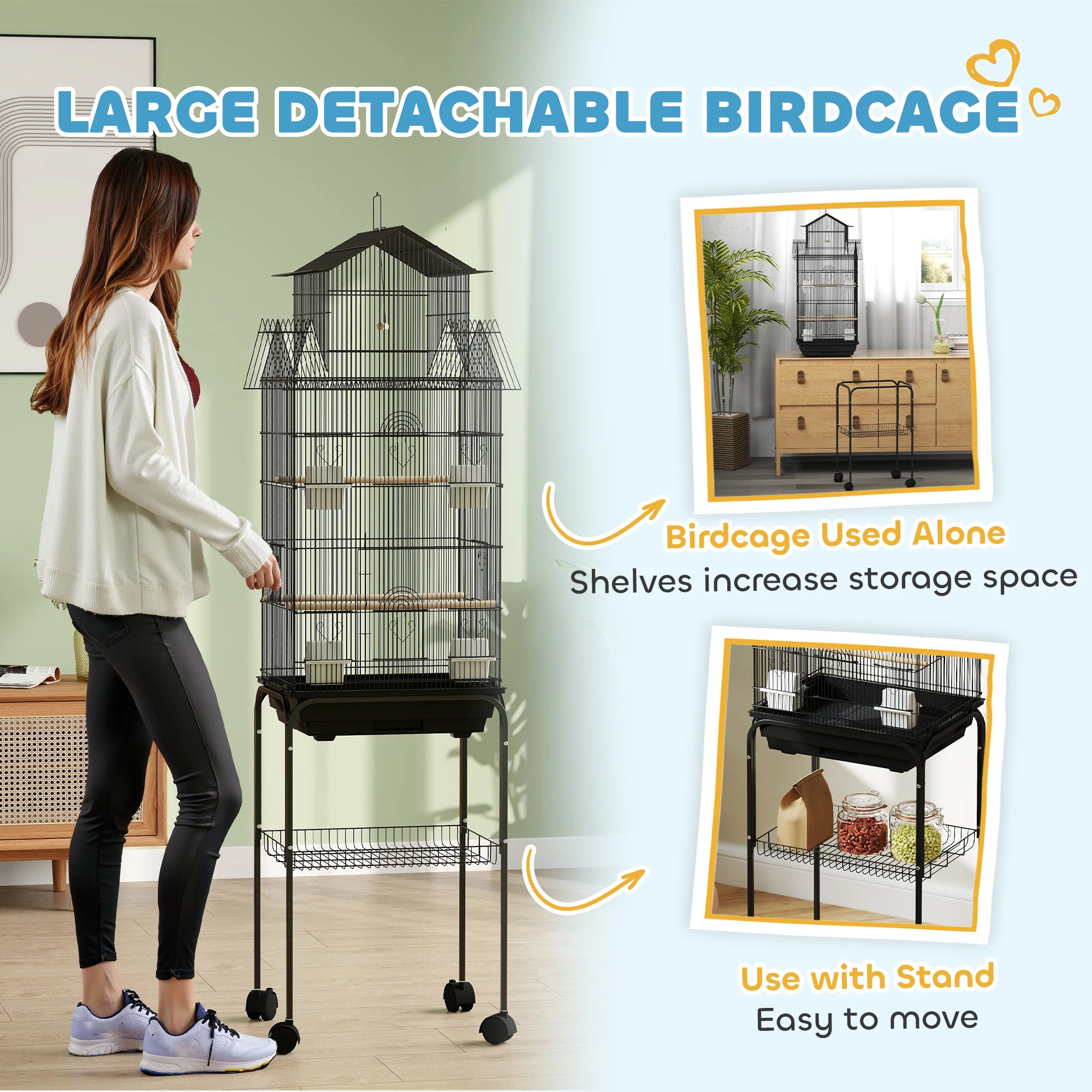 PawHut Metal Bird Cage W/ Perch, Food Container, Handle, For Finch, Canary - Image 17