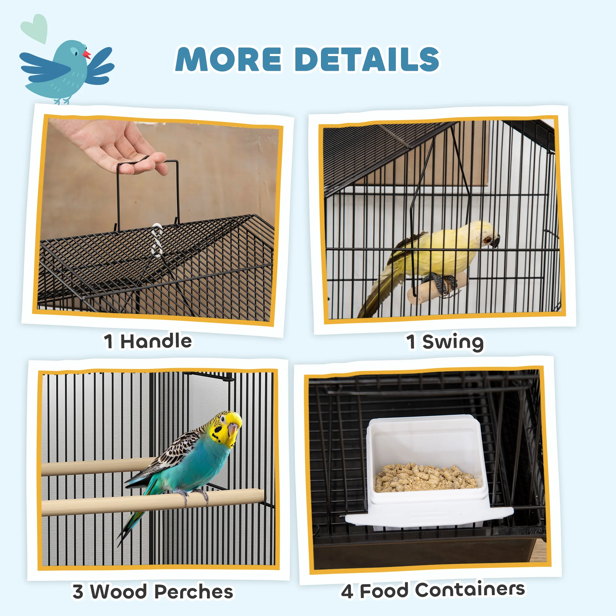 PawHut Metal Bird Cage W/ Perch, Food Container, Handle, For Finch, Canary - Image 3