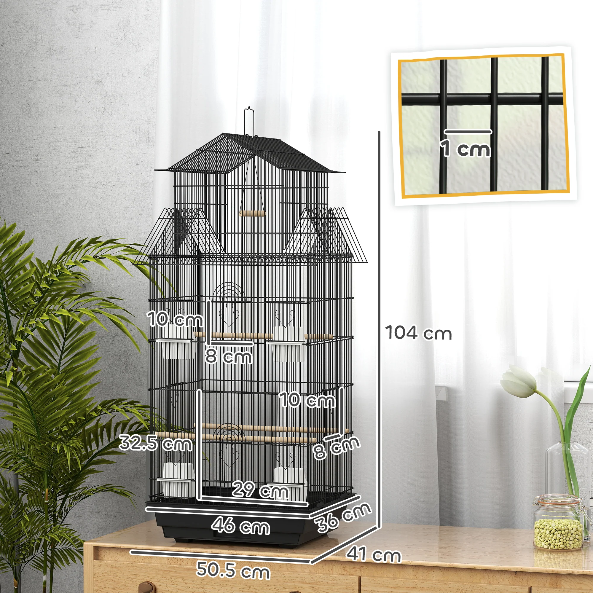 PawHut Metal Bird Cage W/ Perch, Food Container, Handle, For Finch, Canary - Image 5