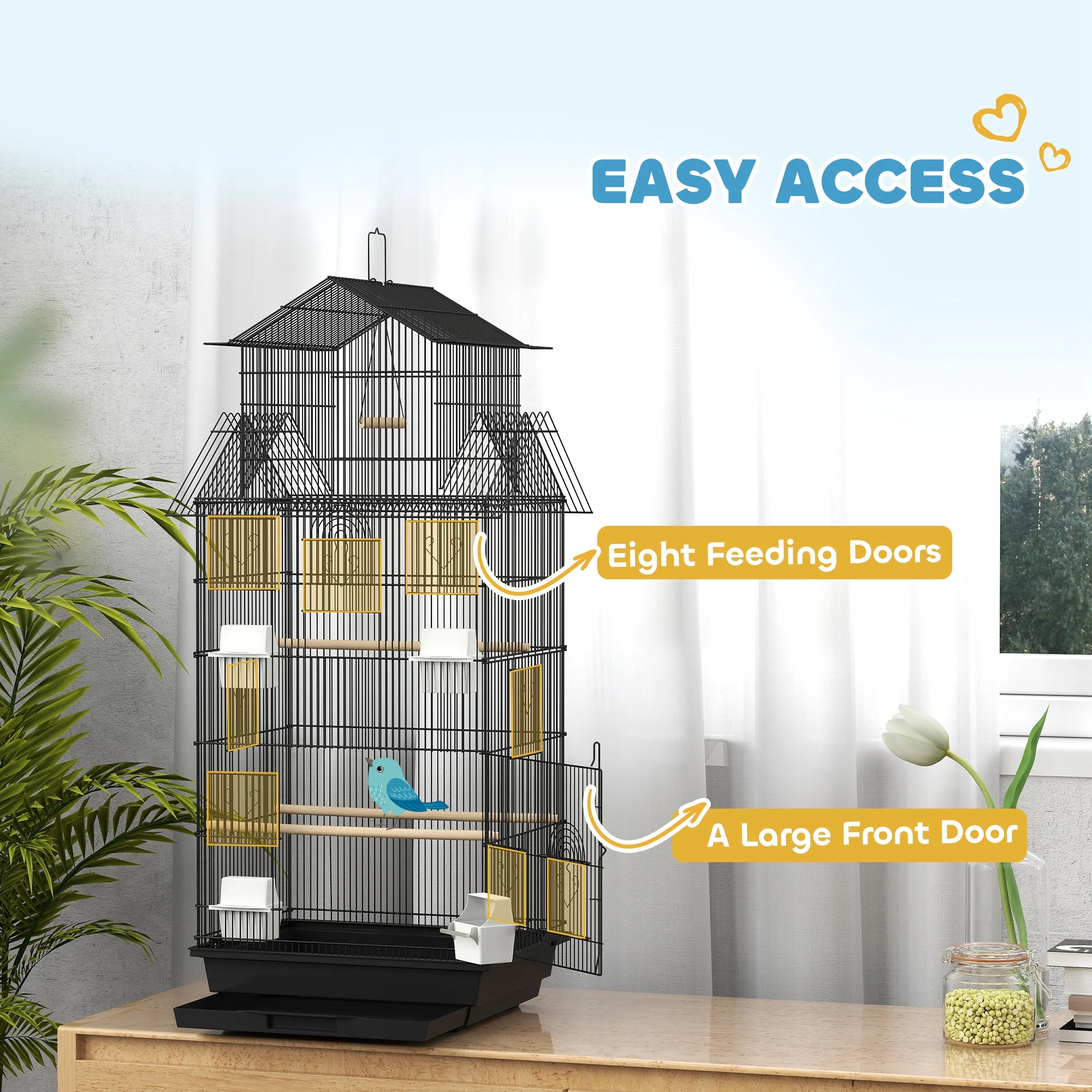 PawHut Metal Bird Cage W/ Perch, Food Container, Handle, For Finch, Canary - Image 6