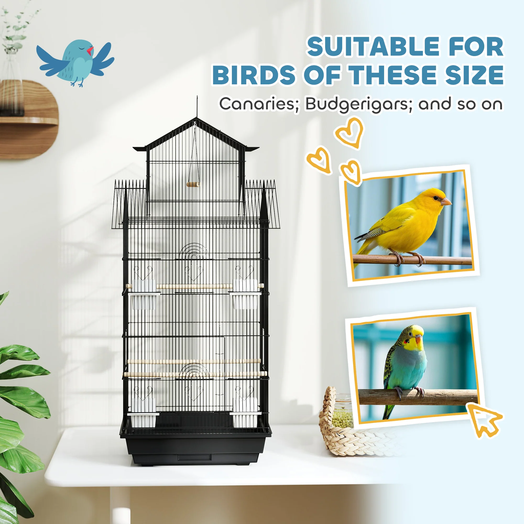 PawHut Metal Bird Cage W/ Perch, Food Container, Handle, For Finch, Canary - Image 7