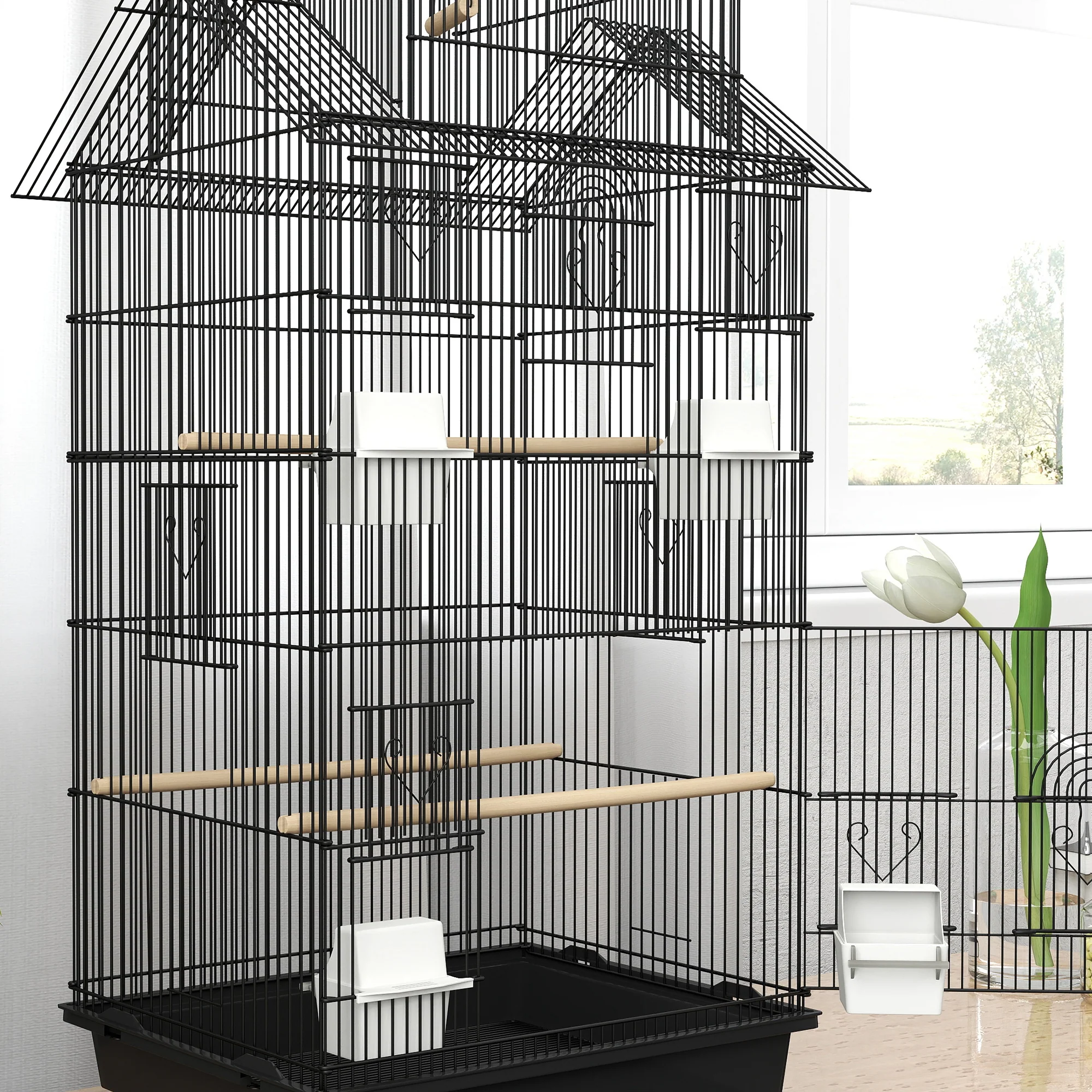 PawHut Metal Bird Cage W/ Perch, Food Container, Handle, For Finch, Canary - Image 9