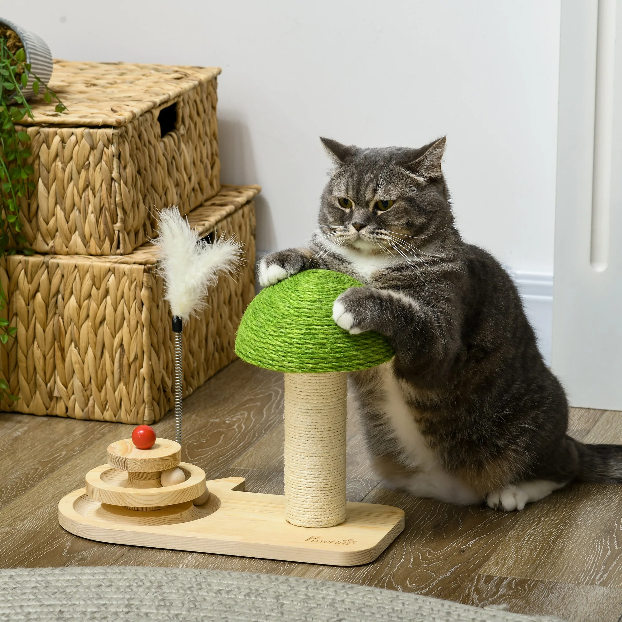 PawHut Mushroom-Shaped Cat-Scratching Post for Indoor Cats with Toy Balls - Image 2