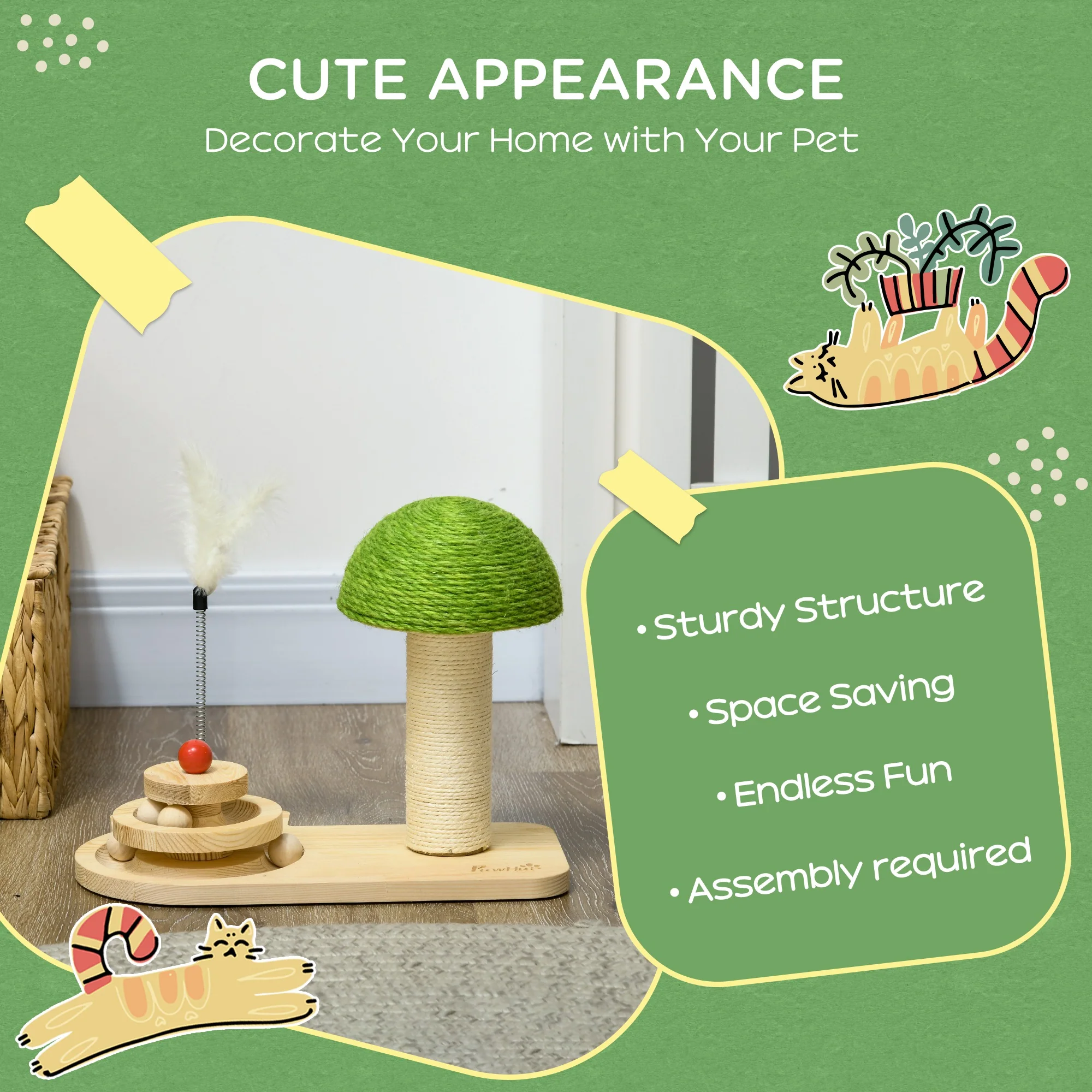 PawHut Mushroom-Shaped Cat-Scratching Post for Indoor Cats with Toy Balls - Image 3