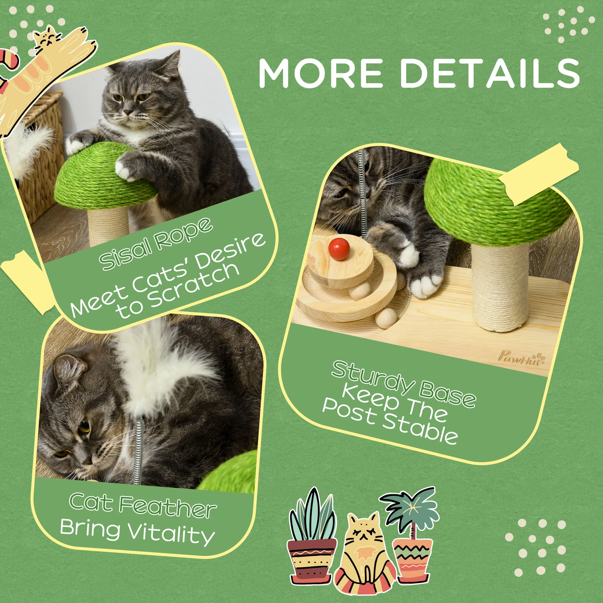PawHut Mushroom-Shaped Cat-Scratching Post for Indoor Cats with Toy Balls - Image 4
