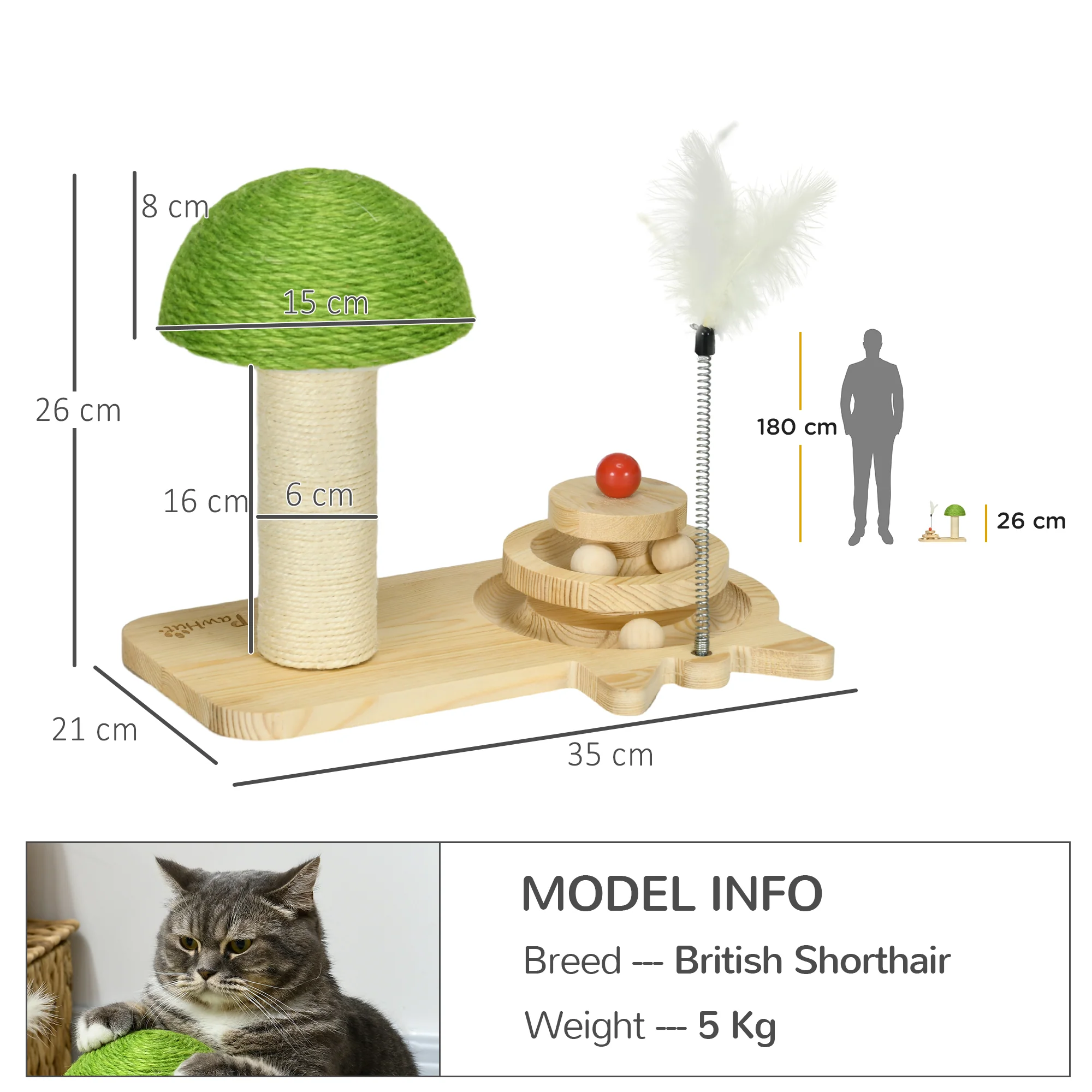 PawHut Mushroom-Shaped Cat-Scratching Post for Indoor Cats with Toy Balls - Image 5