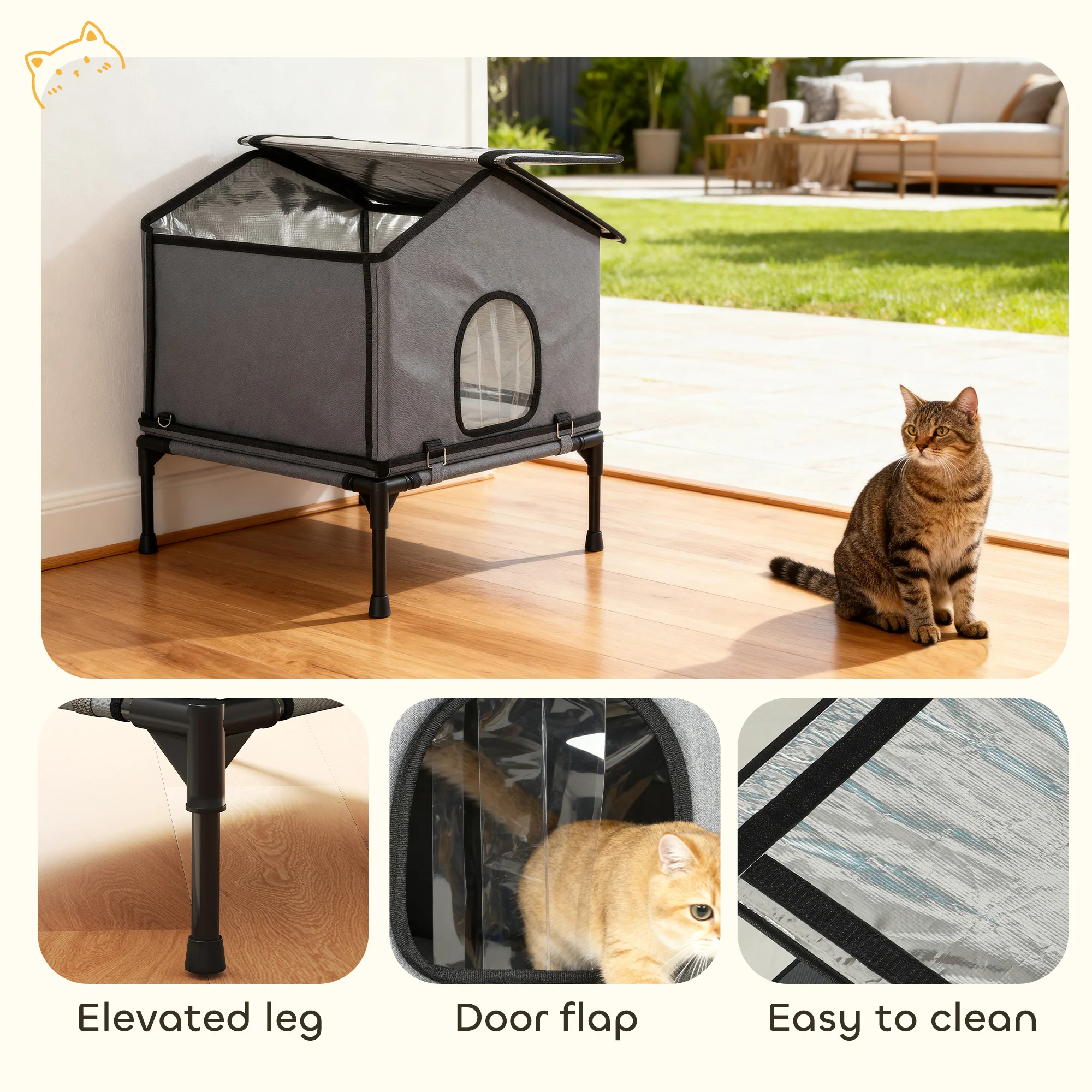 PawHut Outdoor Cat House, Feral Cat Shelter With Elevated Base, Grey - Image 8