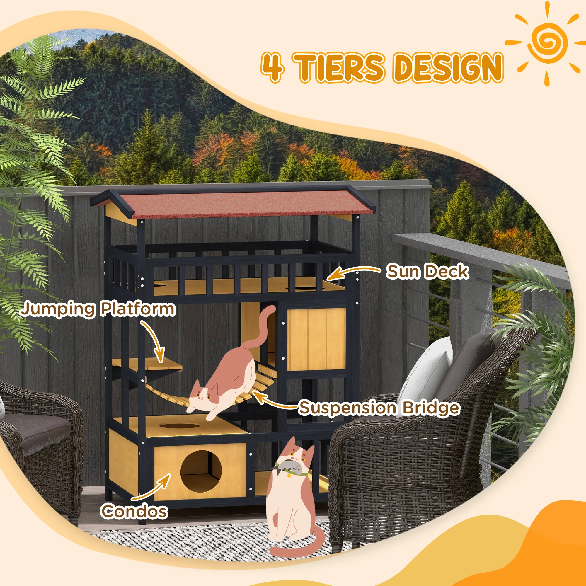 PawHut Outdoor Cat House W/ Suspension Bridge, Houses, Balcony - Image 3