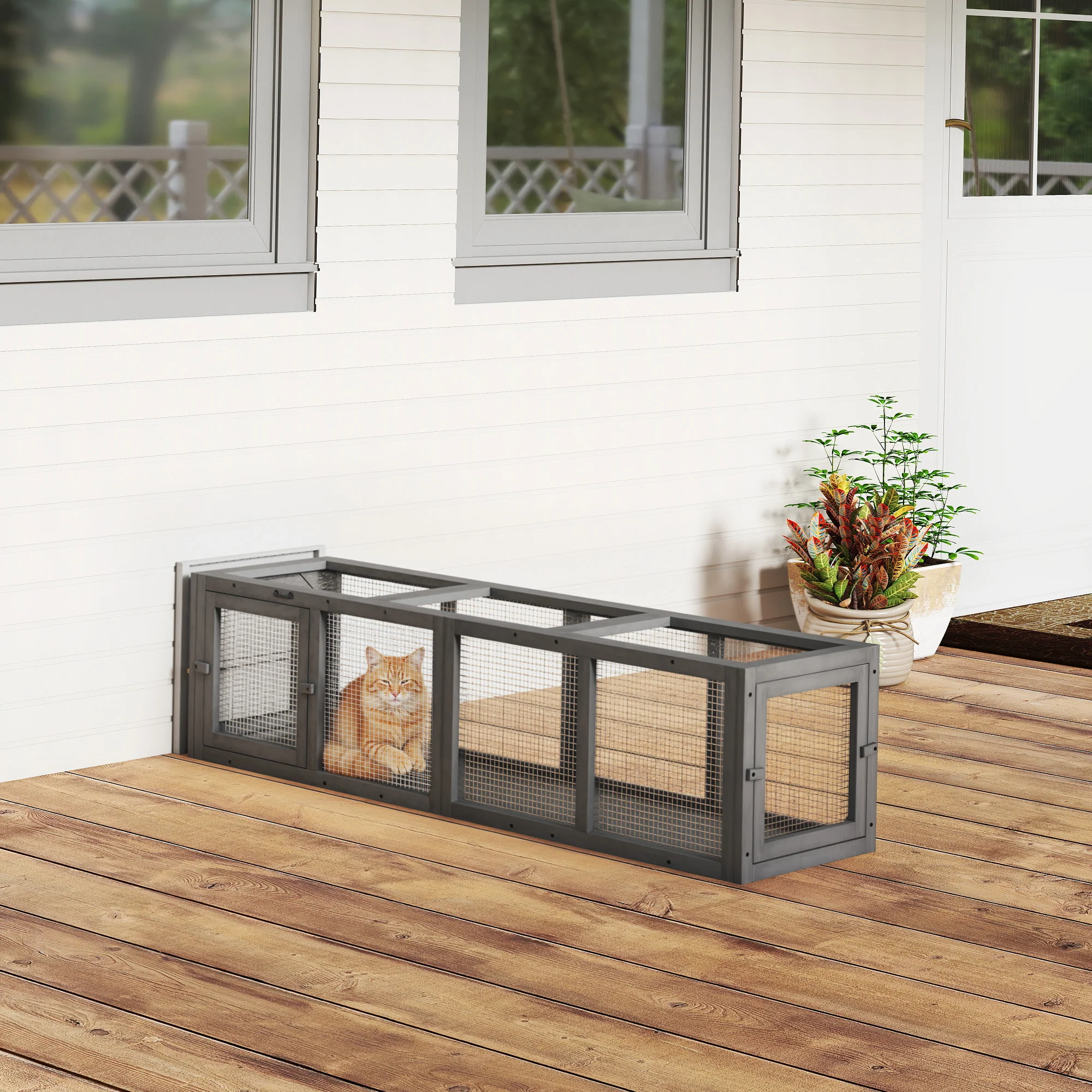 PawHut Outdoor Cat Tunnel, Wooden Extendable Pet Run, For Kitty, Puppy, Grey - Image 2