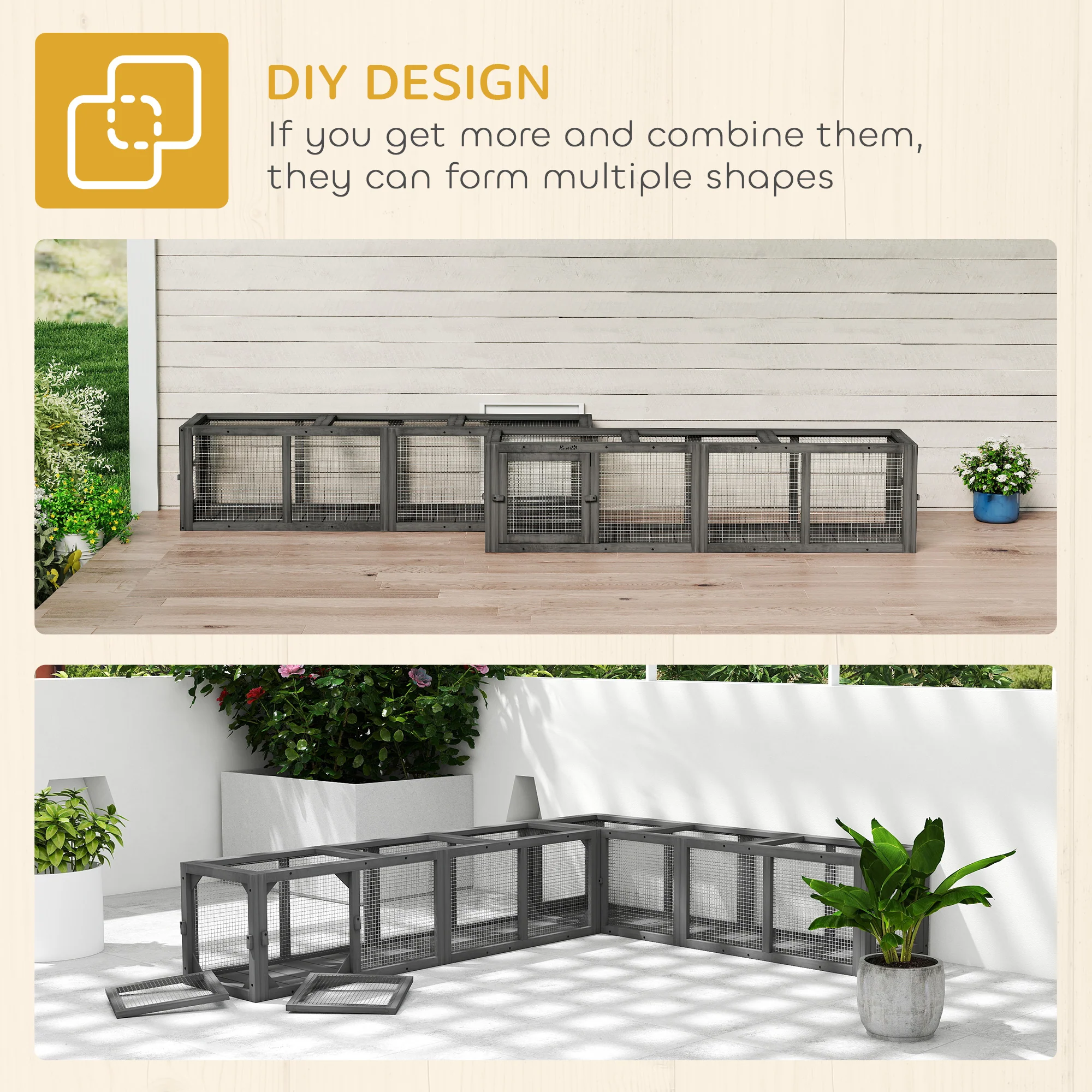 PawHut Outdoor Cat Tunnel, Wooden Extendable Pet Run, For Kitty, Puppy, Grey - Image 8