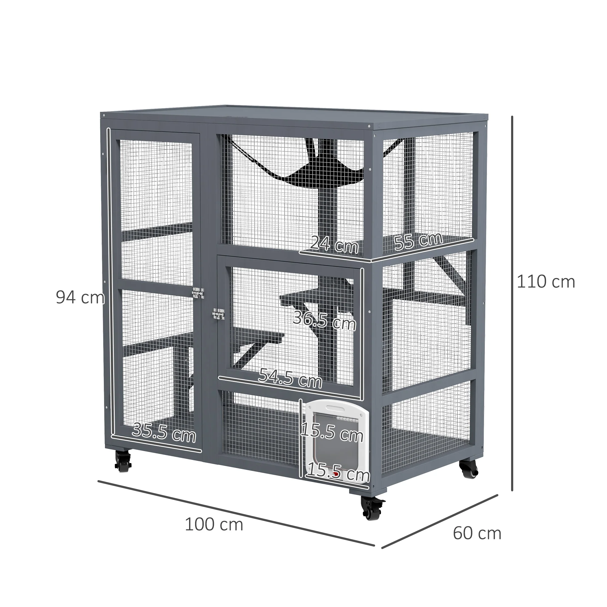 PawHut Outdoor Catio Cat House On Wheels With Platforms, Hammock - Image 5