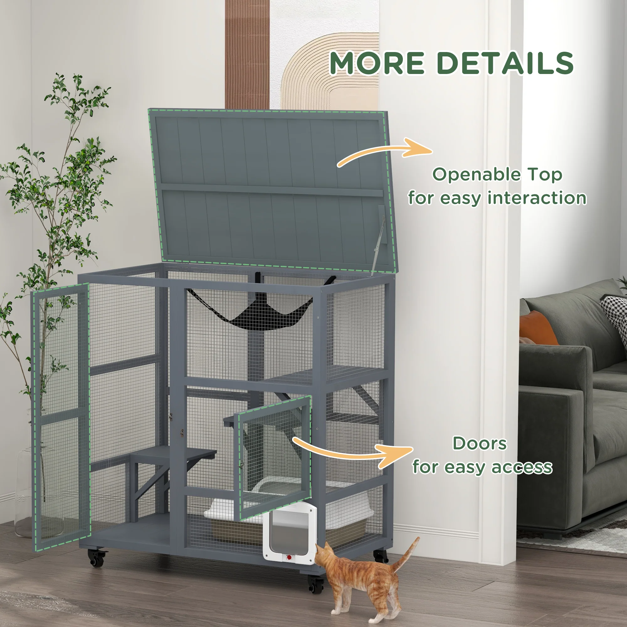 PawHut Outdoor Catio Cat House On Wheels With Platforms, Hammock - Image 7