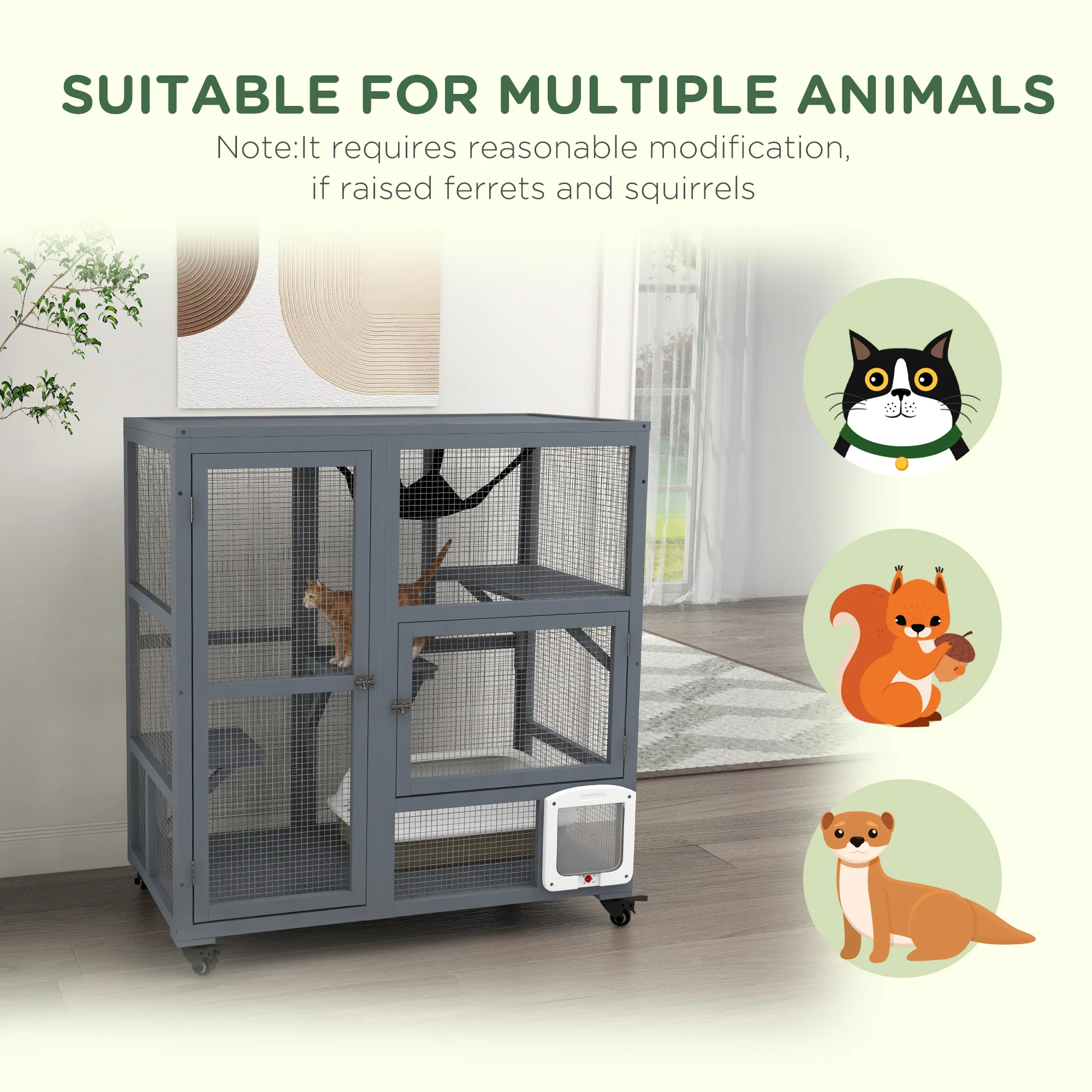 PawHut Outdoor Catio Cat House On Wheels With Platforms, Hammock - Image 8