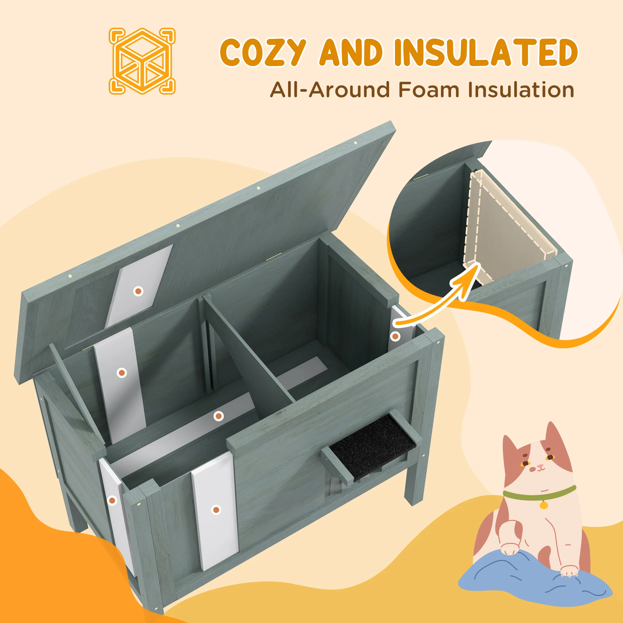 PawHut Outdoor Feral Cat House Insulated w/ Openable Roof - Charcoal Grey - Image 3