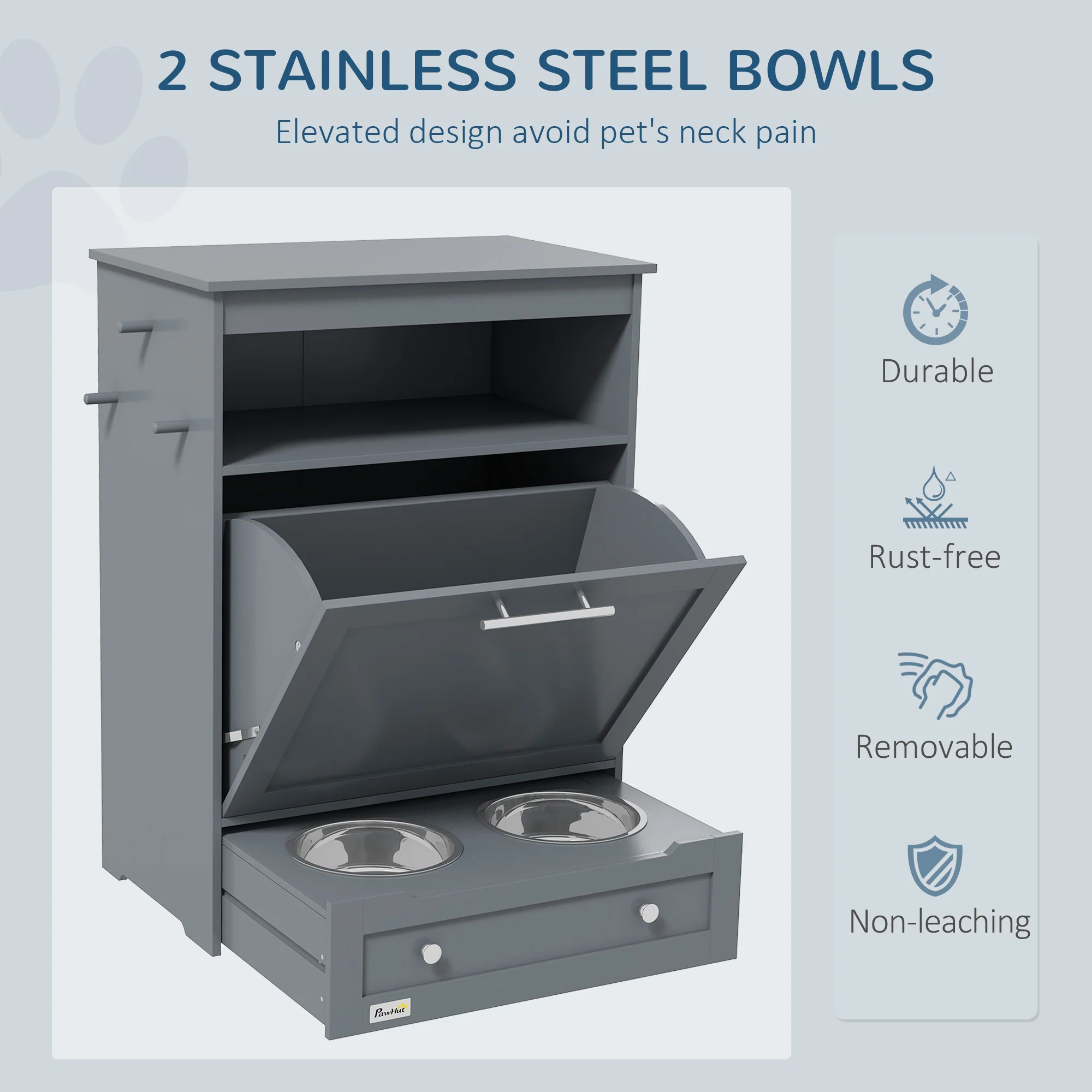 PawHut Pet Feeder Station Dog And Cat Food Storage Feeding Station Food Cabinet - Image 3