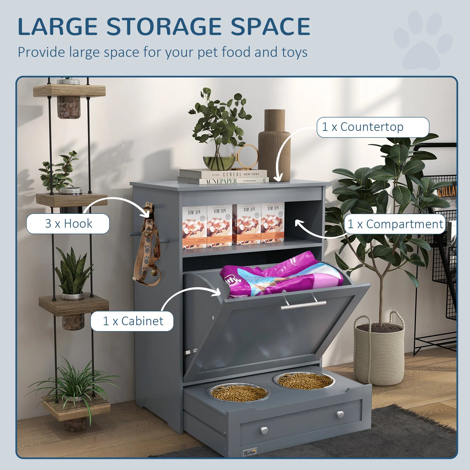 PawHut Pet Feeder Station Dog And Cat Food Storage Feeding Station Food Cabinet - Image 4