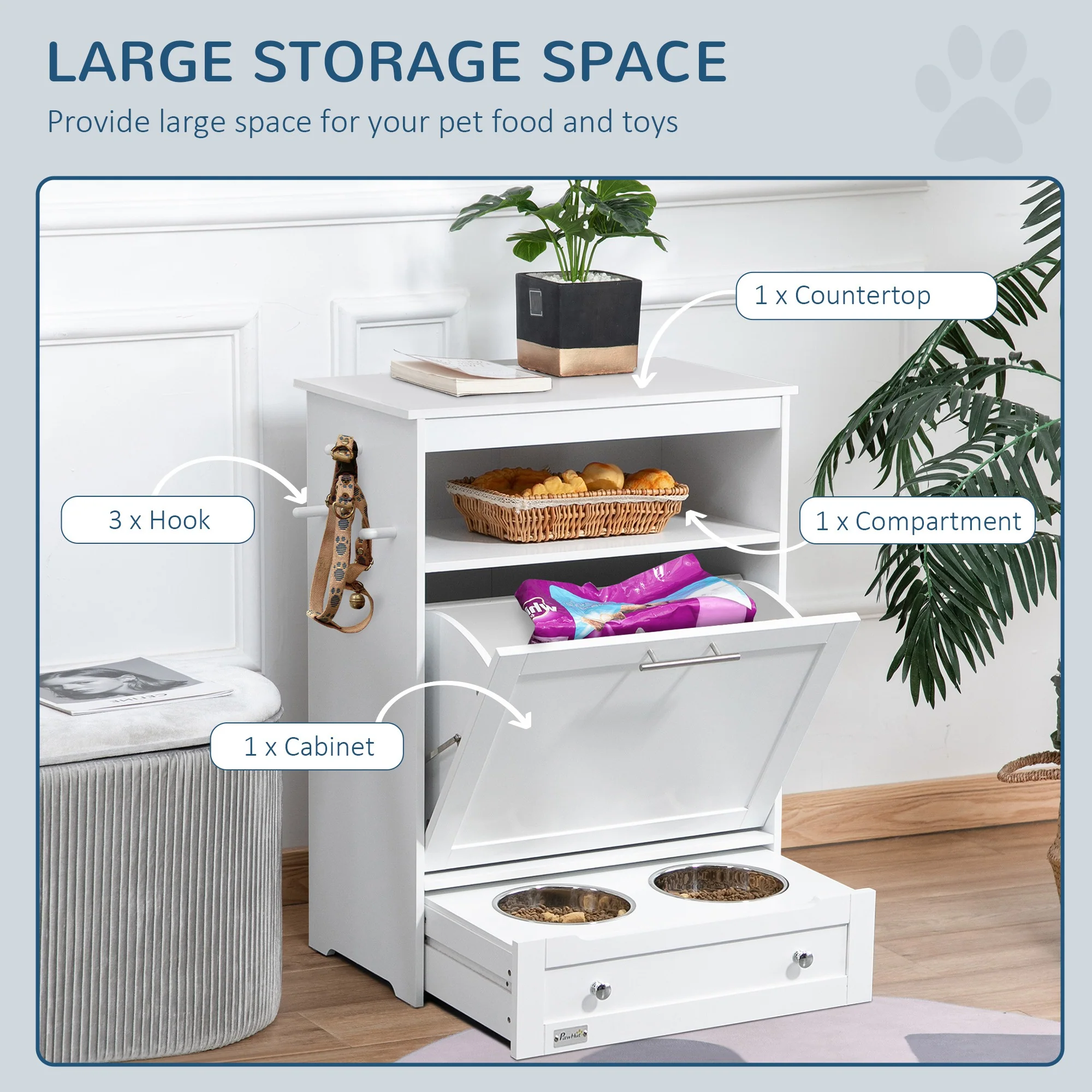 PawHut Pet Feeder Station Dog And Cat Food Storage Feeding Station Food Cabinet - Image 4