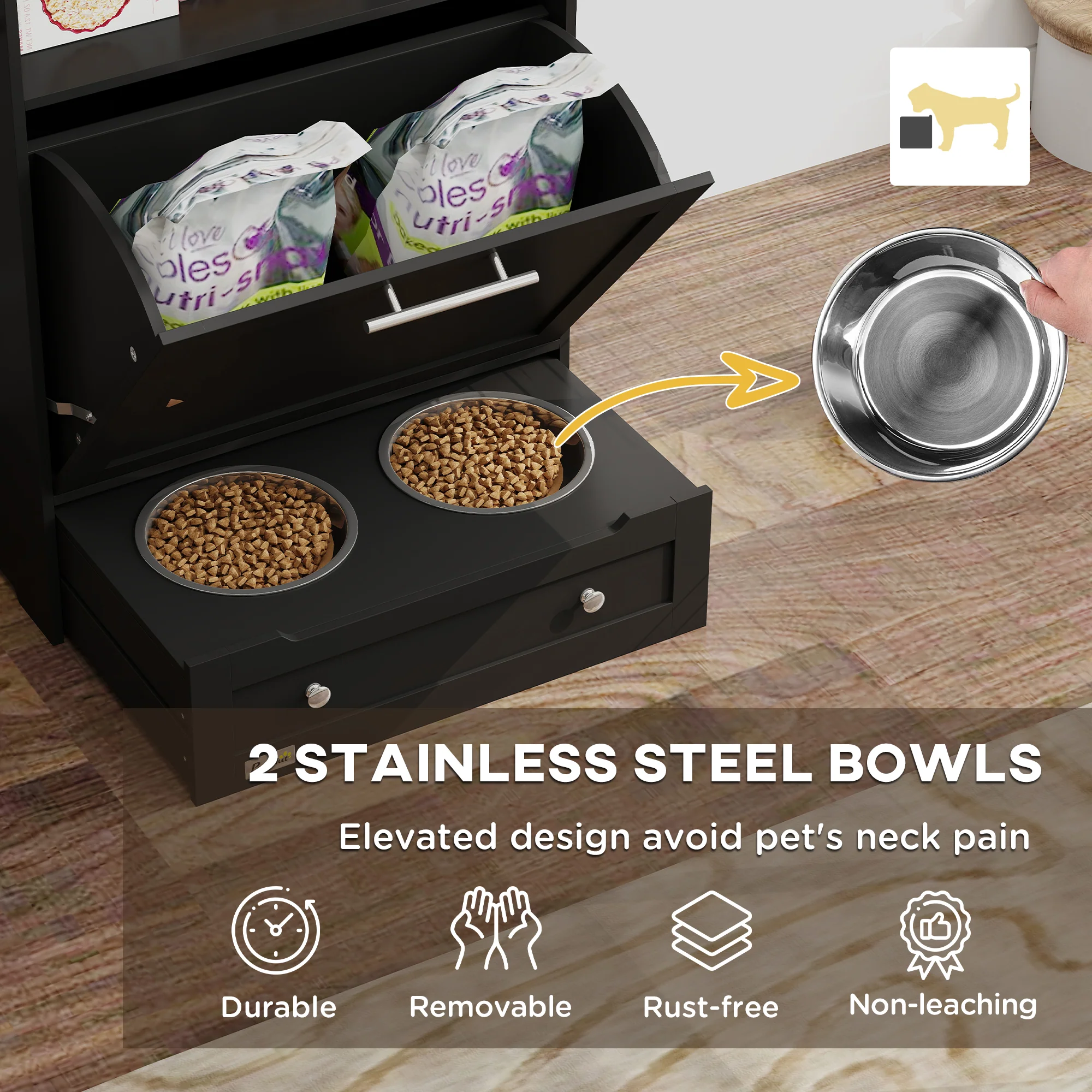 PawHut Pet Feeder Station, Dog Cat Food Storage Feeding Station, Food Cabinet - Image 3
