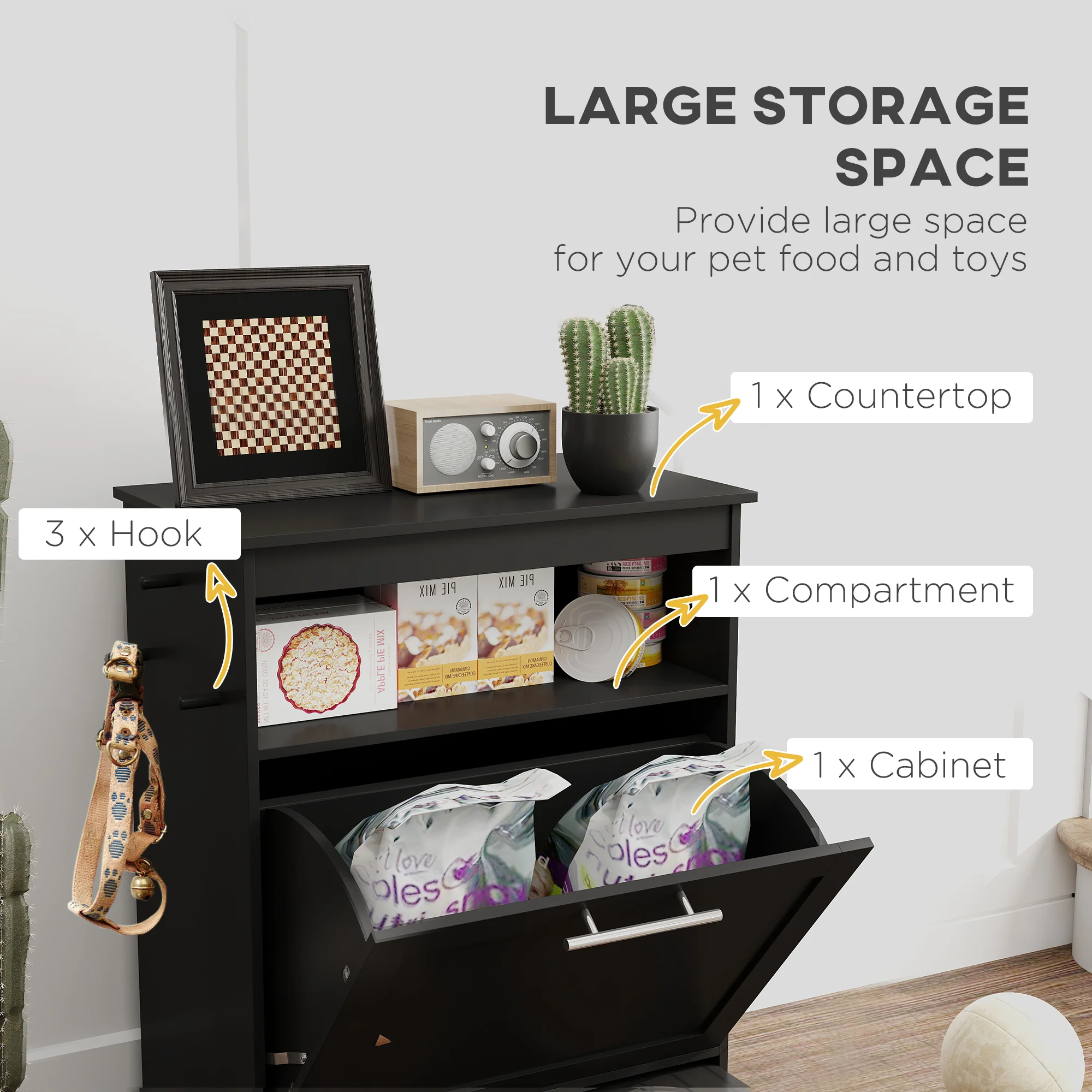 PawHut Pet Feeder Station, Dog Cat Food Storage Feeding Station, Food Cabinet - Image 4