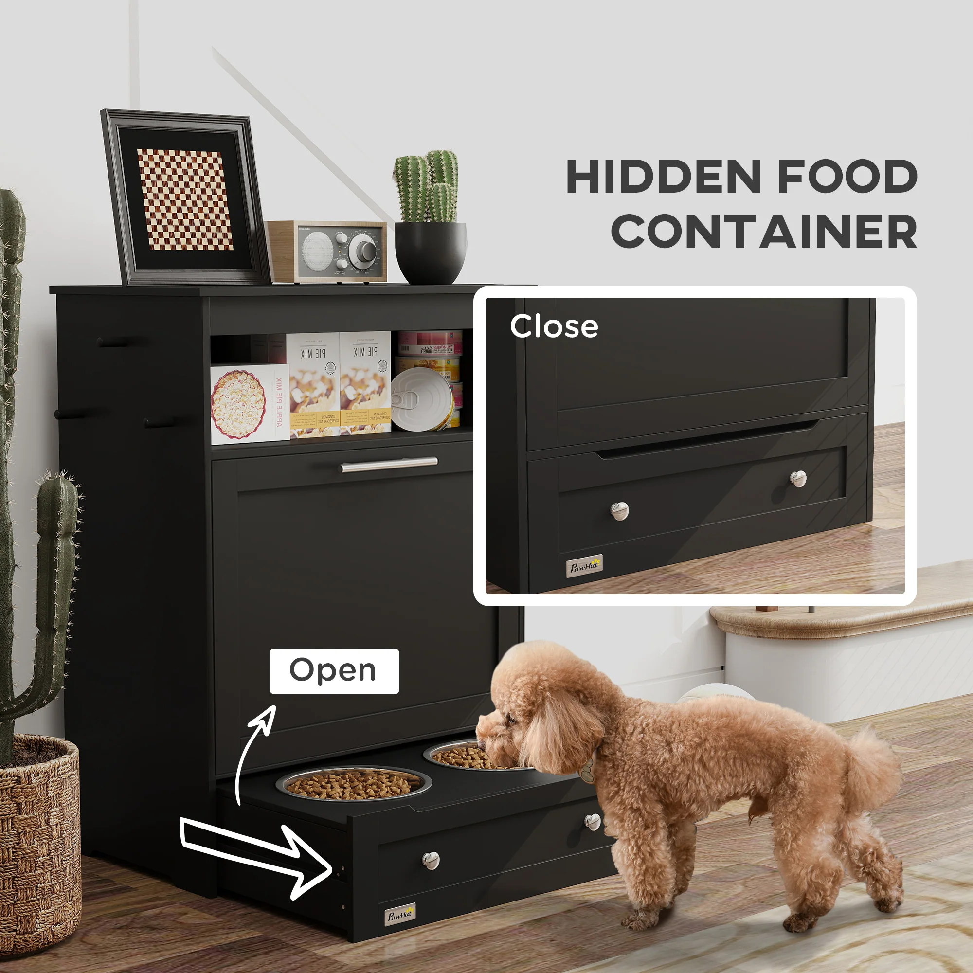 PawHut Pet Feeder Station, Dog Cat Food Storage Feeding Station, Food Cabinet - Image 6