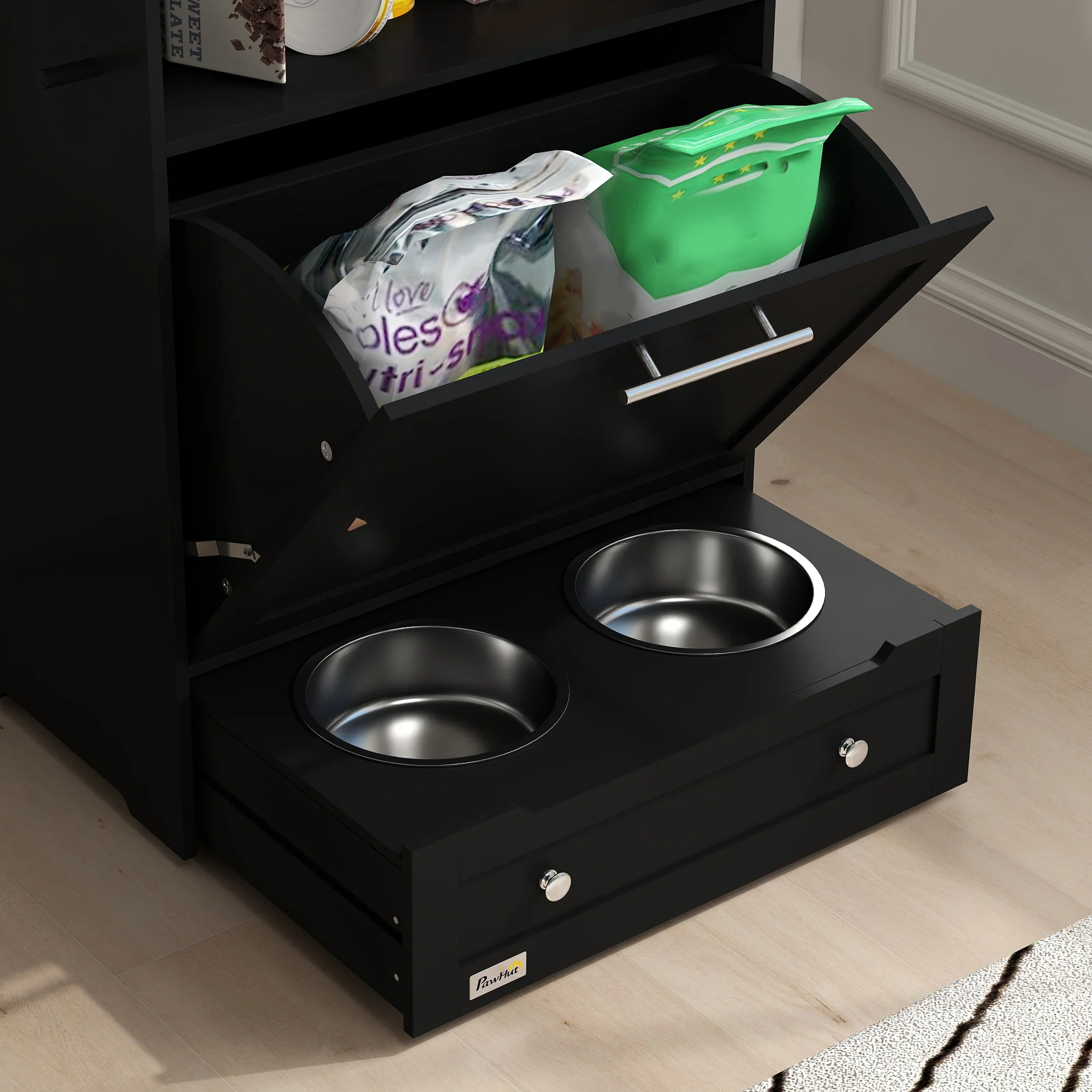 PawHut Pet Feeder Station, Dog Cat Food Storage Feeding Station, Food Cabinet - Image 9