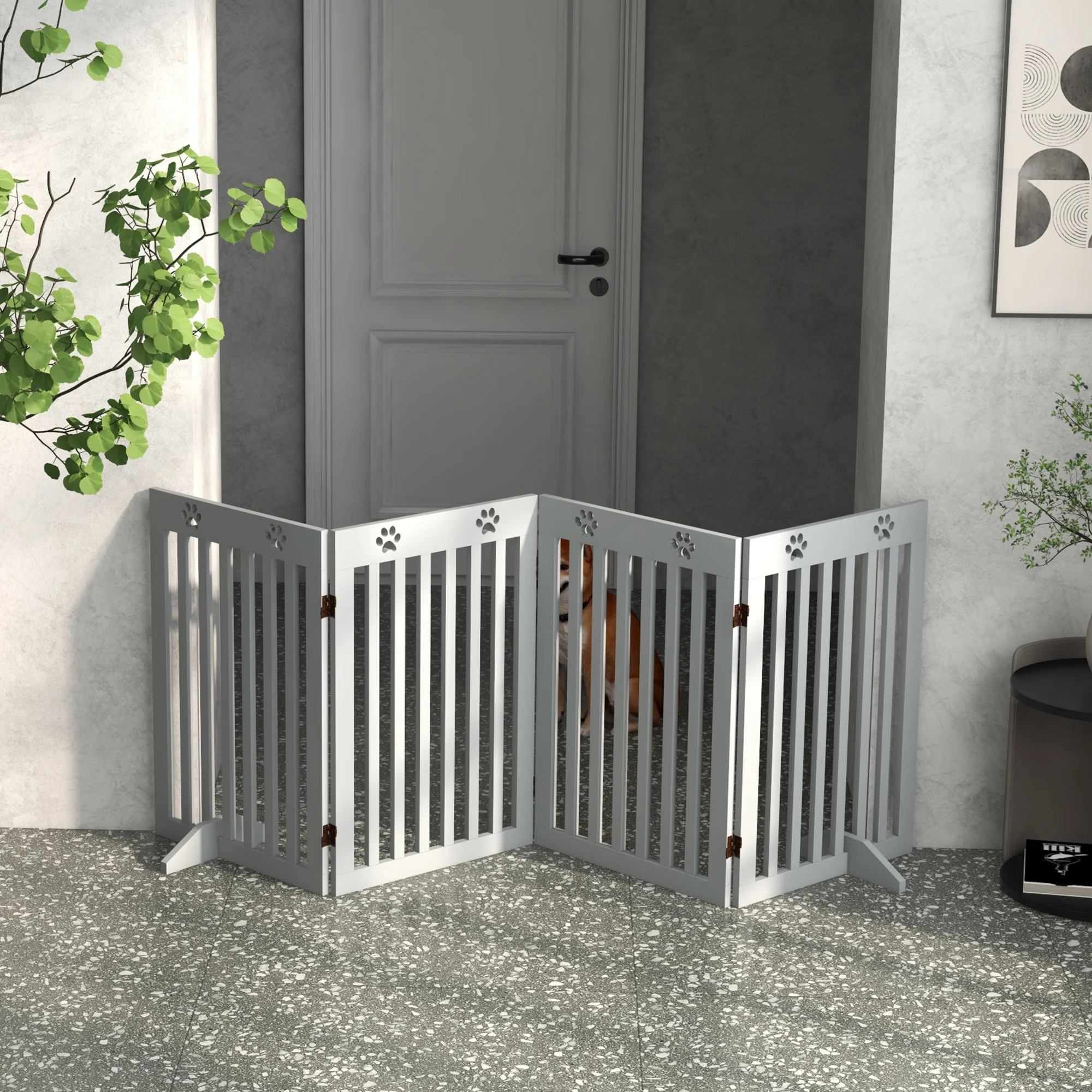 PawHut Pet Gate Foldable Fence Freestanding Dog Barrier w/ Support Feet Grey - Image 8